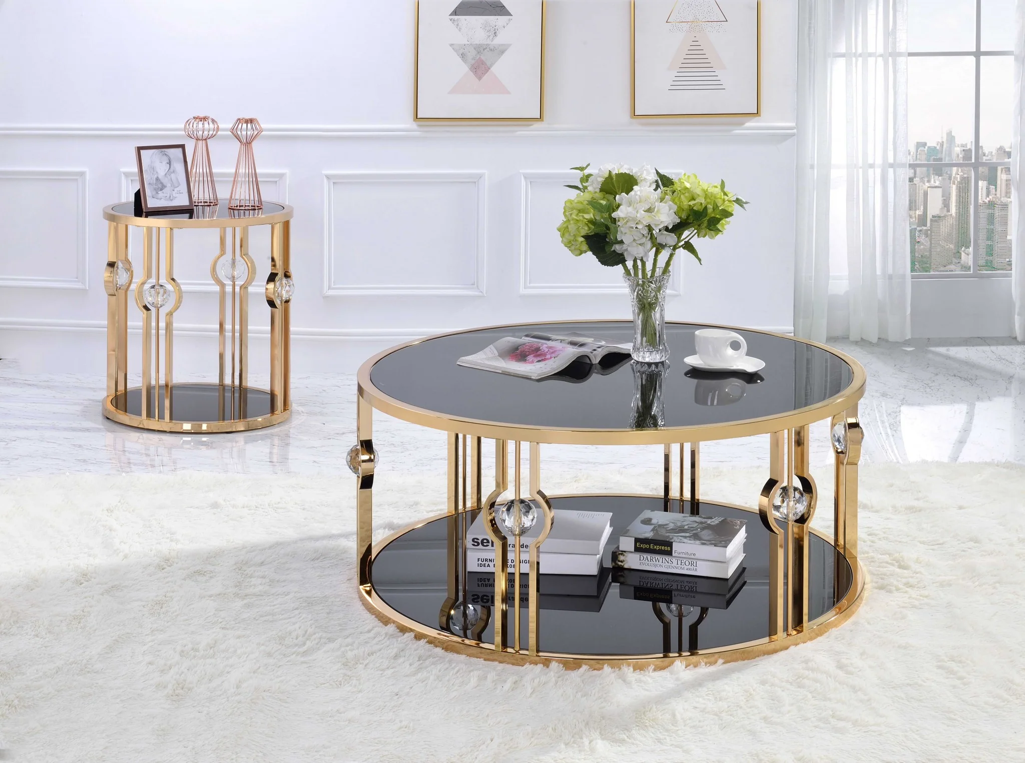 Metal Glass Coffee Table and Gold & Black Glass By Homeroots - Image 2