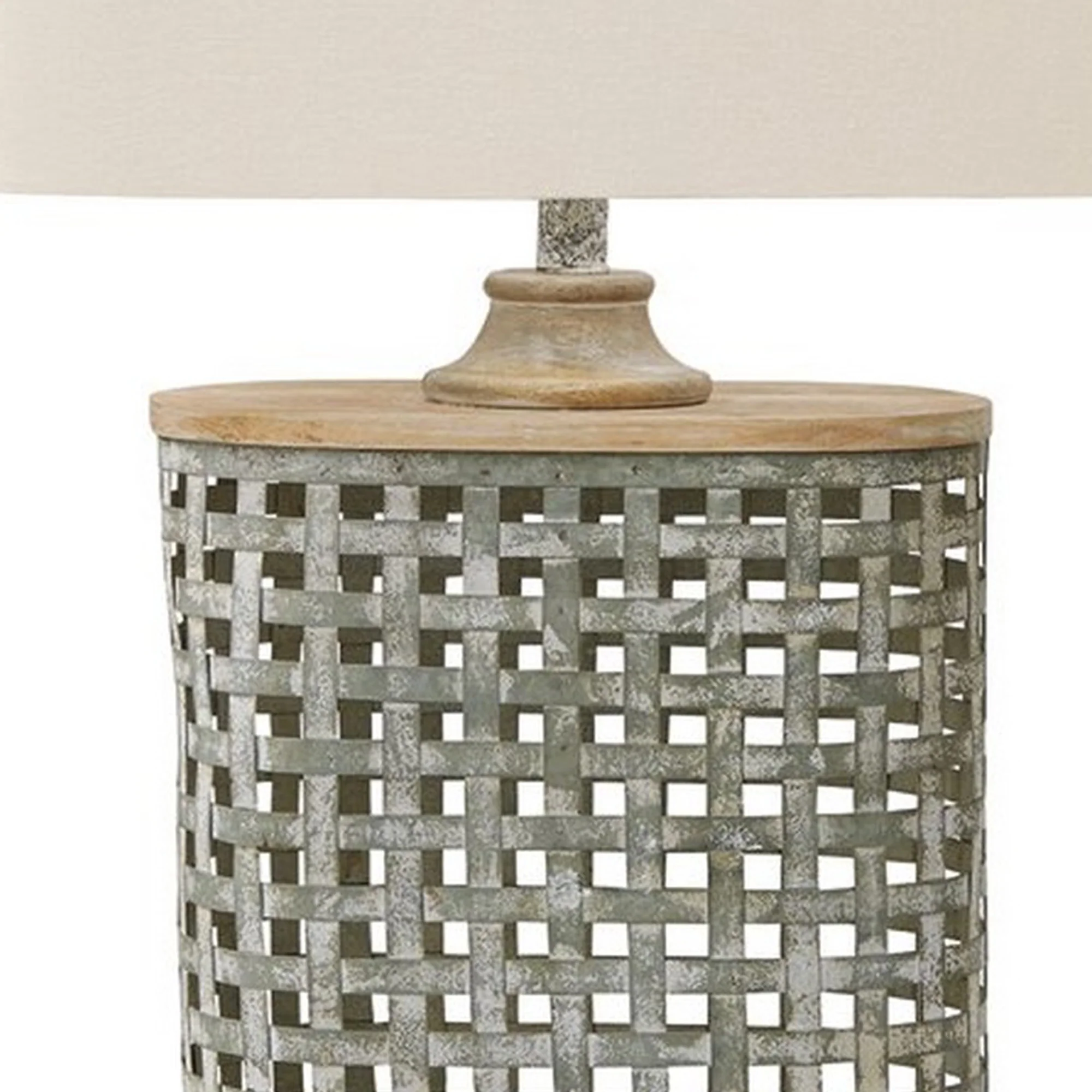 Metal Table Lamp With Lattice Design Body And Hardback ShadeGray And Beige By Benzara - Image 2