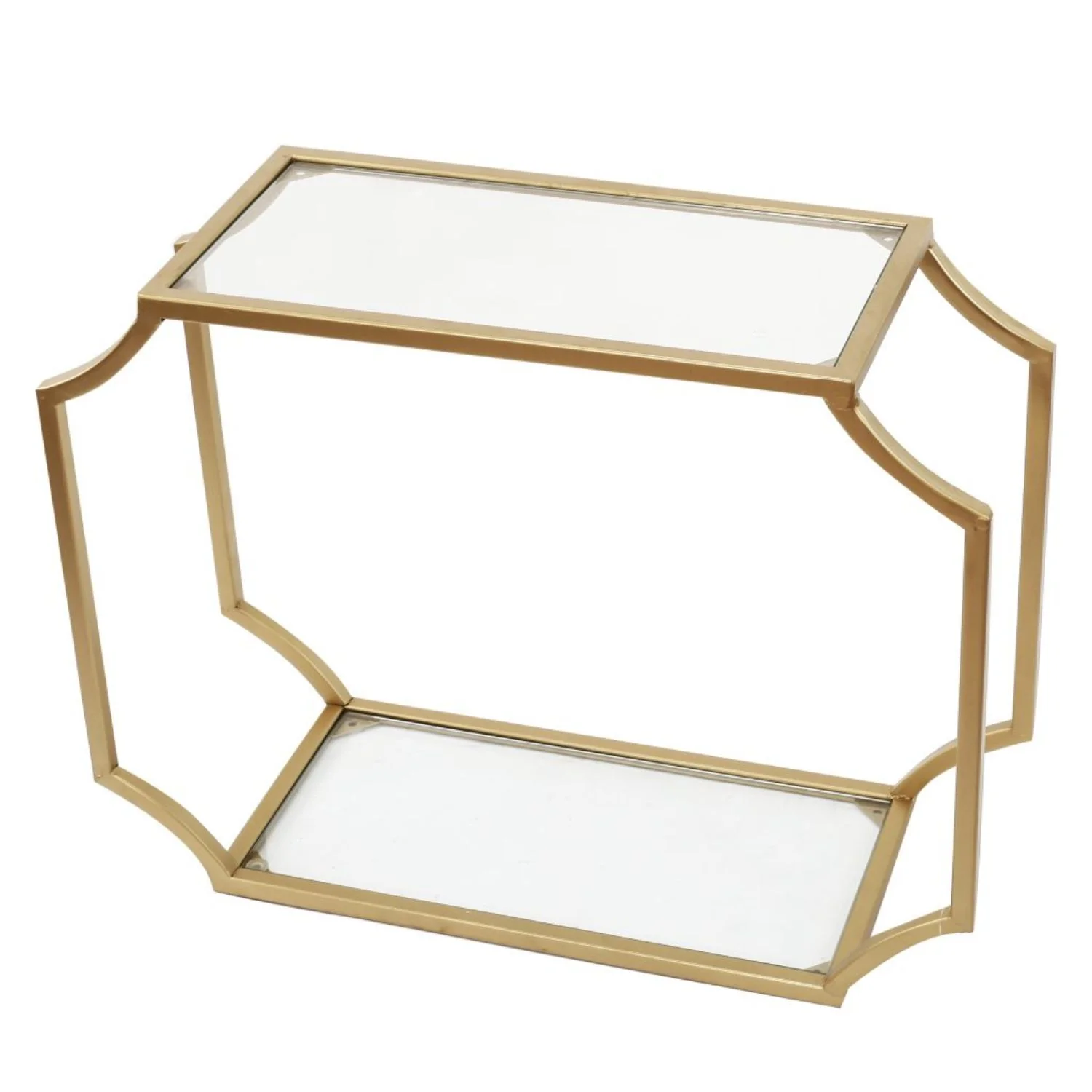 Metal Wall Shelf with Two Glass Shelves and Smooth Chamferedecorners, Gold and Clear By Benzara - Image 2