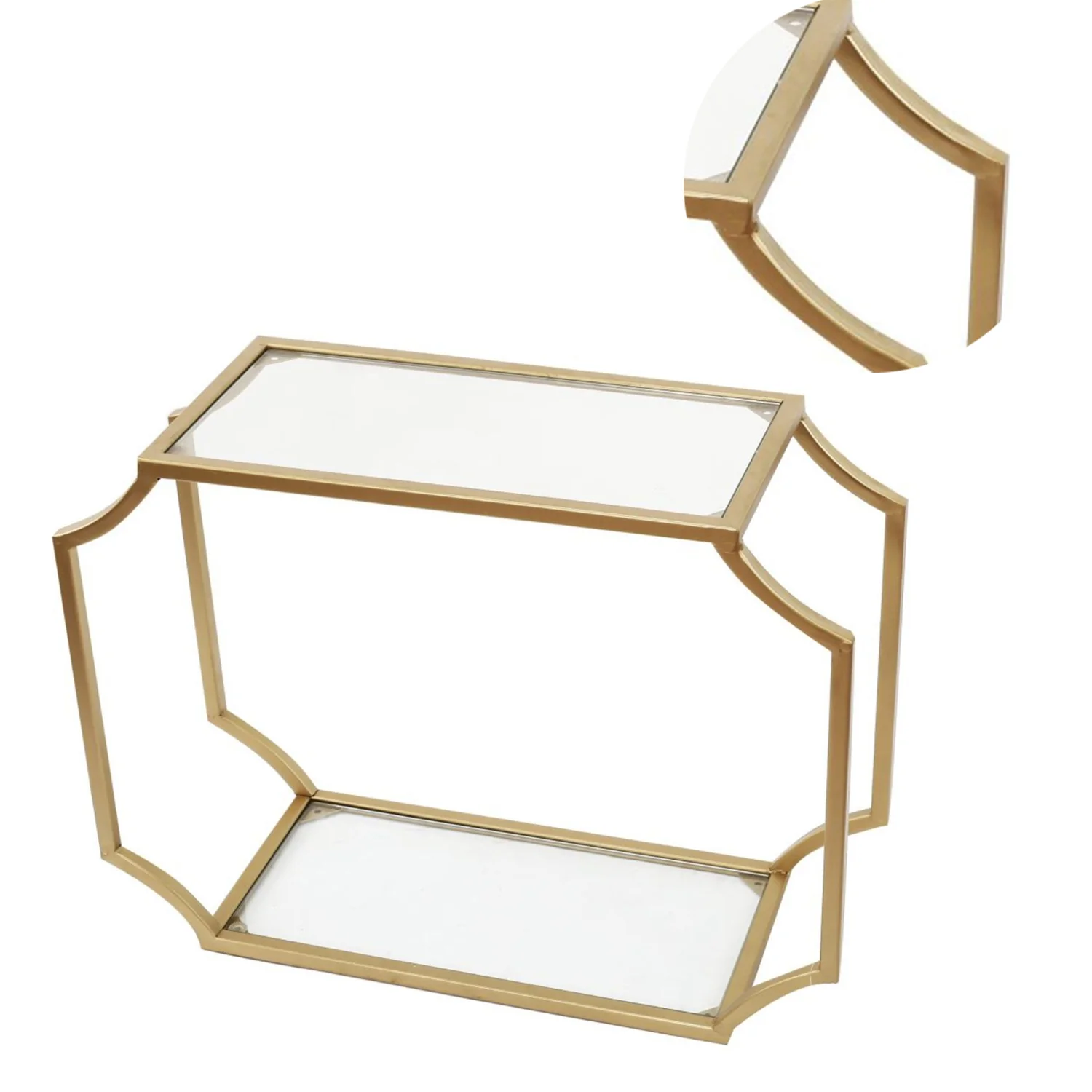 Metal Wall Shelf with Two Glass Shelves and Smooth Chamferedecorners, Gold and Clear By Benzara - Image 3