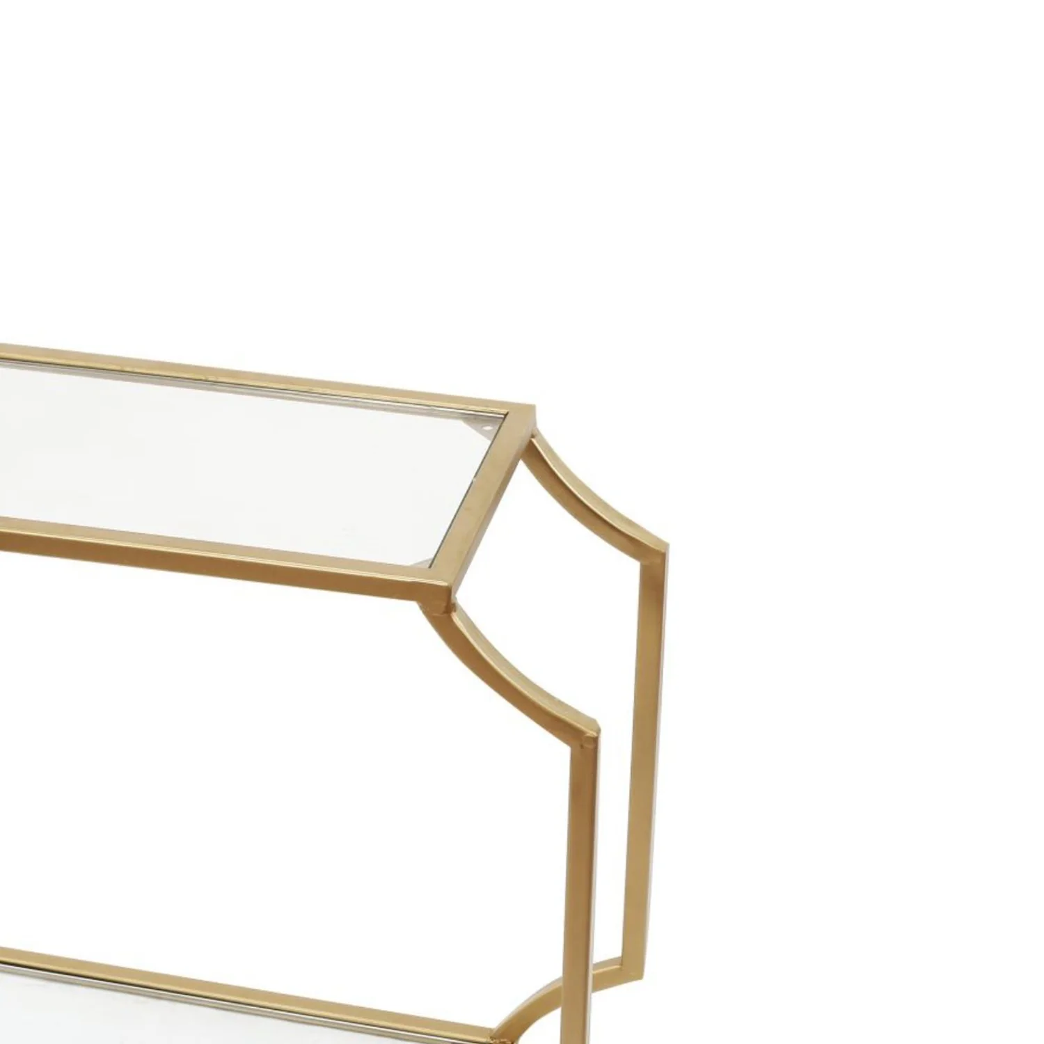 Metal Wall Shelf with Two Glass Shelves and Smooth Chamferedecorners, Gold and Clear By Benzara - Image 5