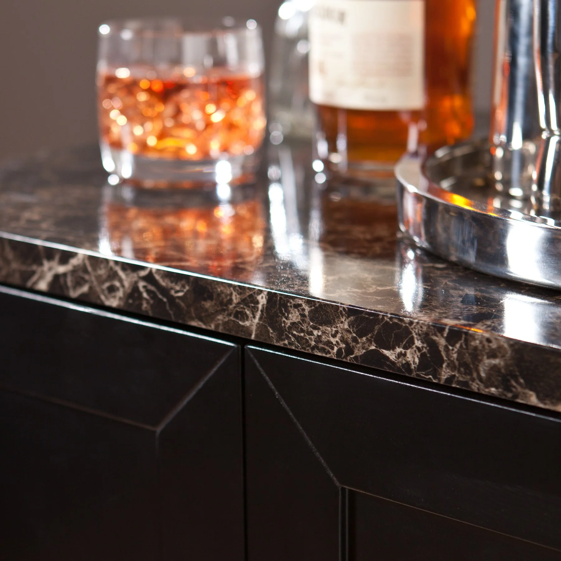 Metro Black Wood And Marble Bar Cabinet By Homeroots - Image 2