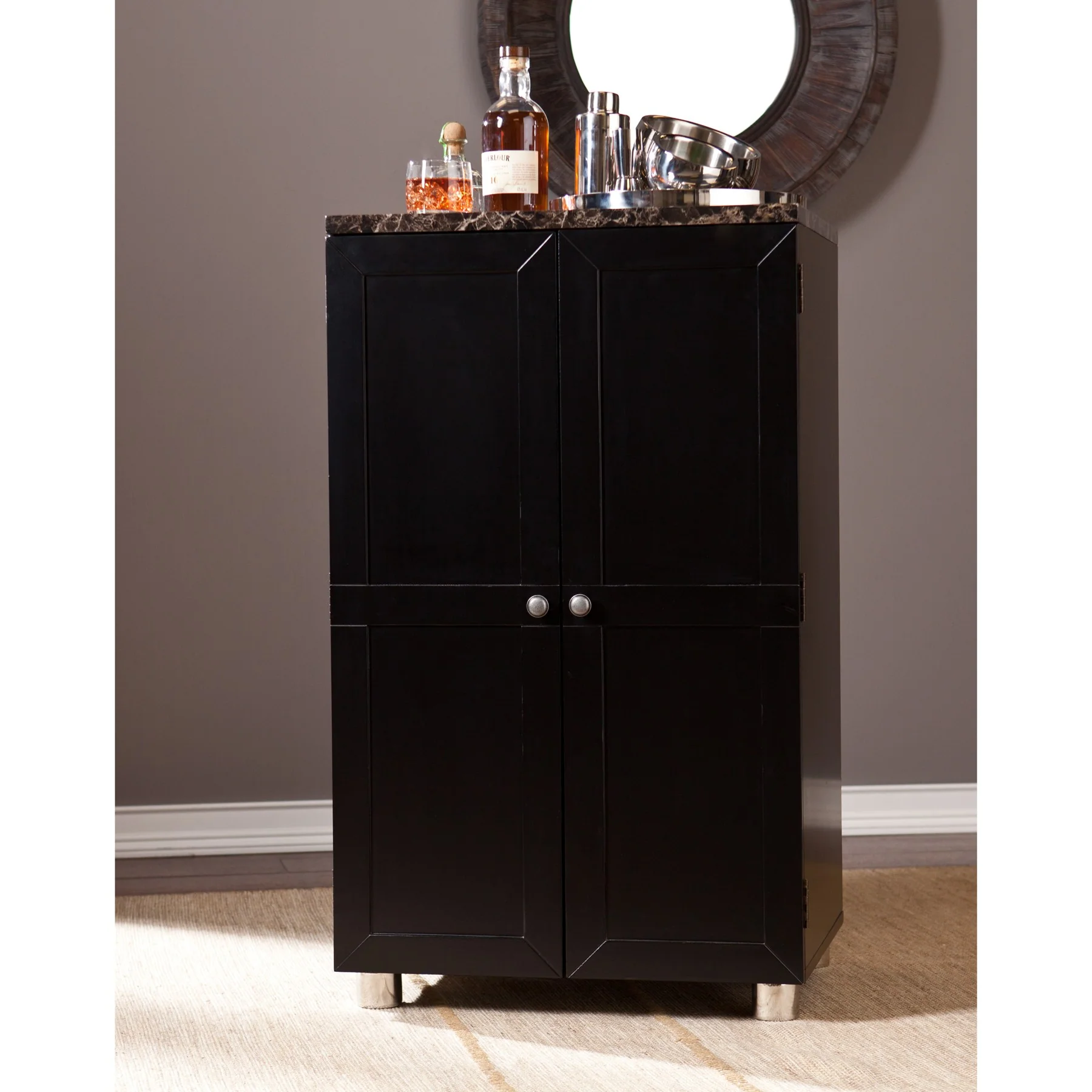 Metro Black Wood And Marble Bar Cabinet By Homeroots - Image 3