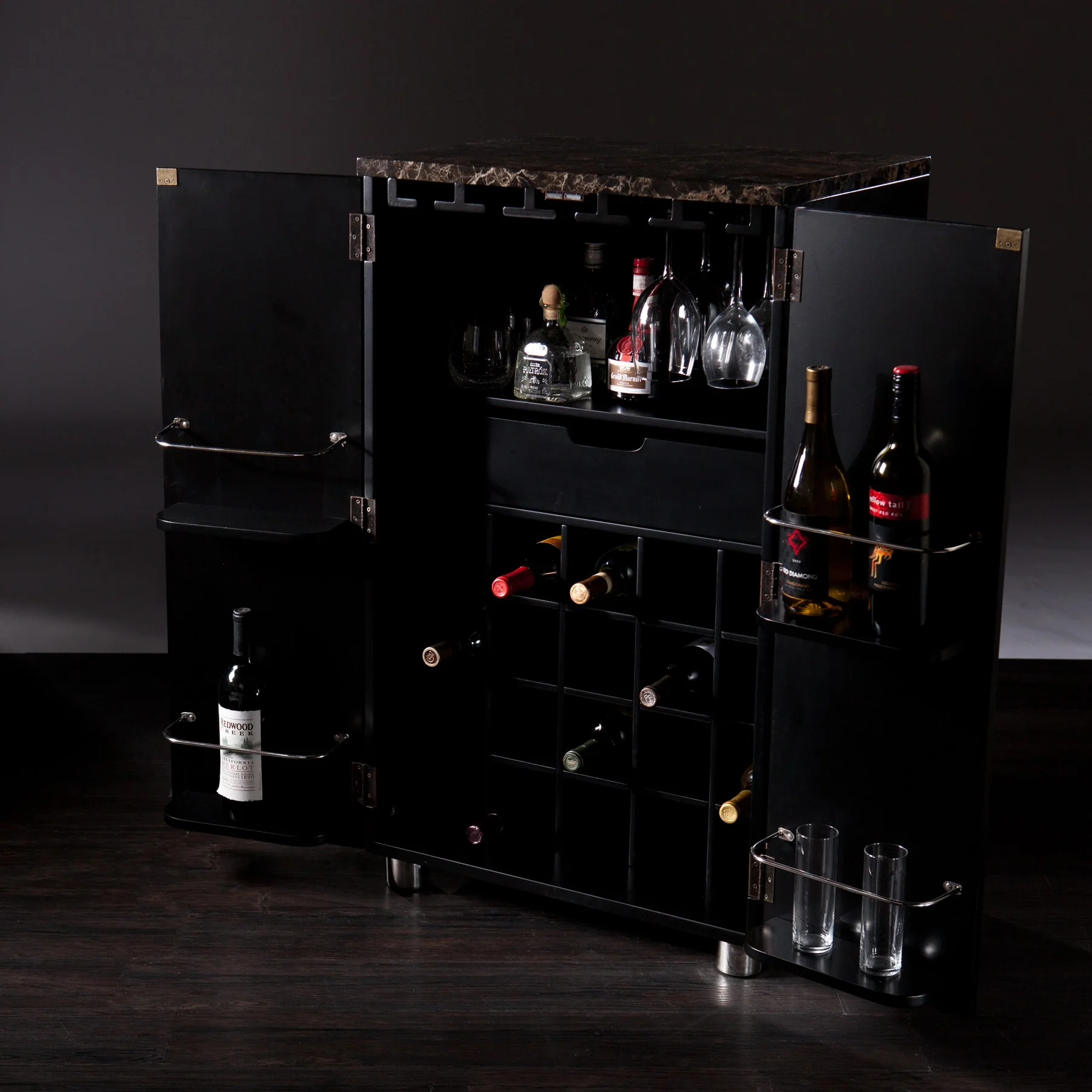 Metro Black Wood And Marble Bar Cabinet By Homeroots - Image 8