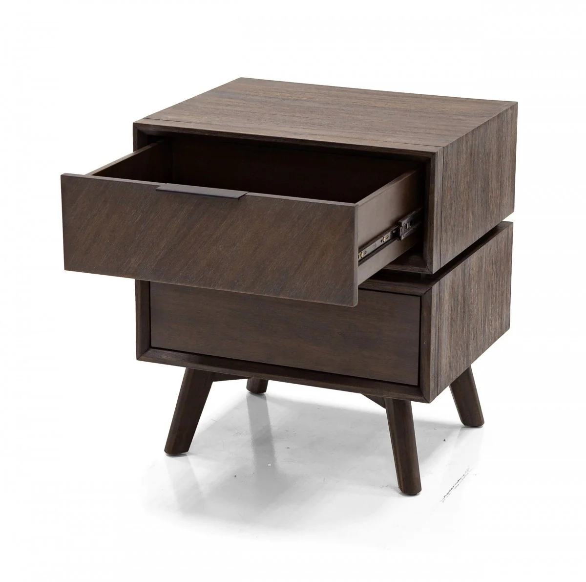 Mid Century Acacia Nightstand With Two Drawers And Black Metal Handles By Homeroots - Image 4
