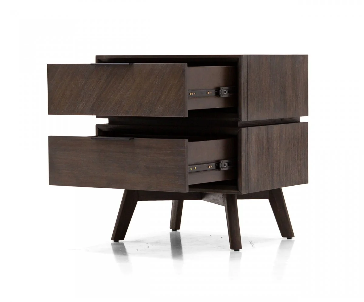 Mid Century Acacia Nightstand With Two Drawers And Black Metal Handles By Homeroots - Image 5