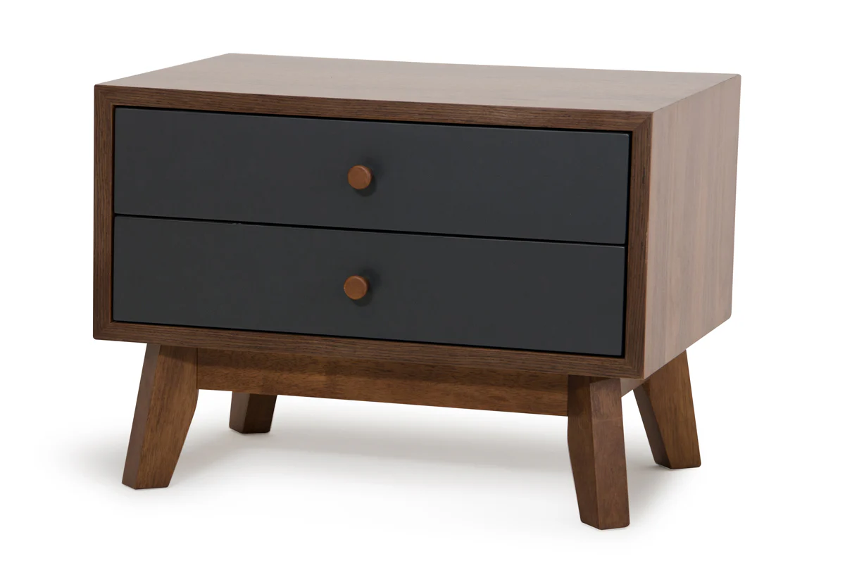 Mid Century Mod Grey And Walnut Finish 2 Drawer Night Stand By Homeroots - Image 2