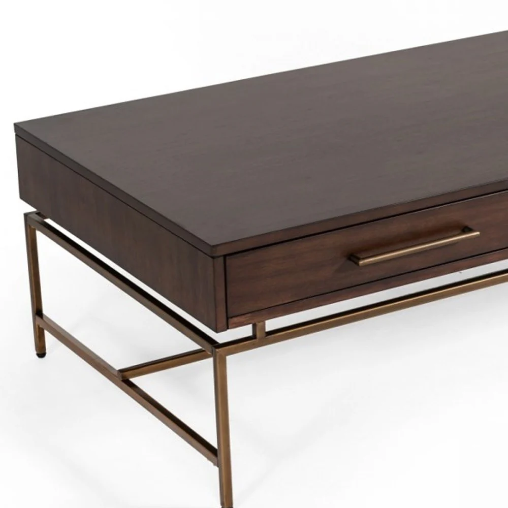 Mid Century Modern Acacia and Brass Coffee Table By Homeroots - Image 5