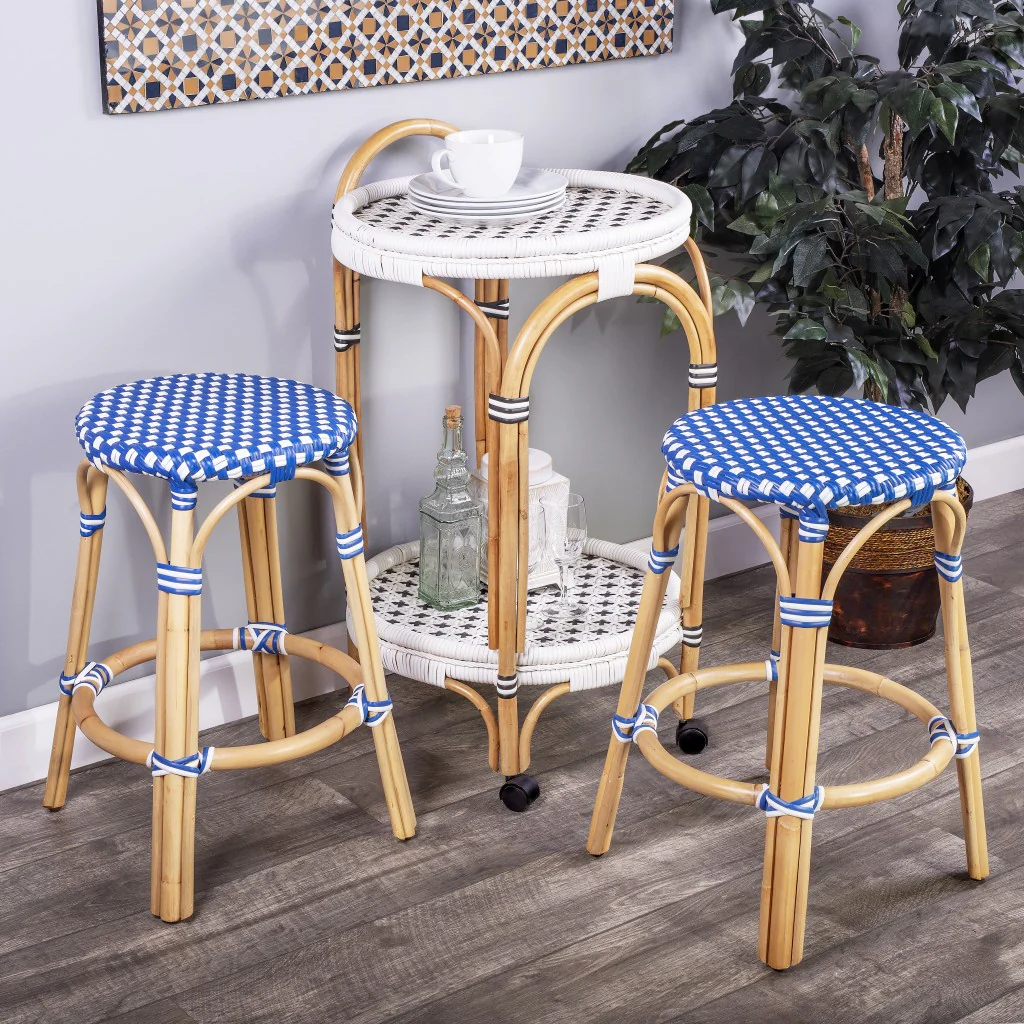 Midnight Blue And White Rattan Counter Stool By Homeroots - Image 16