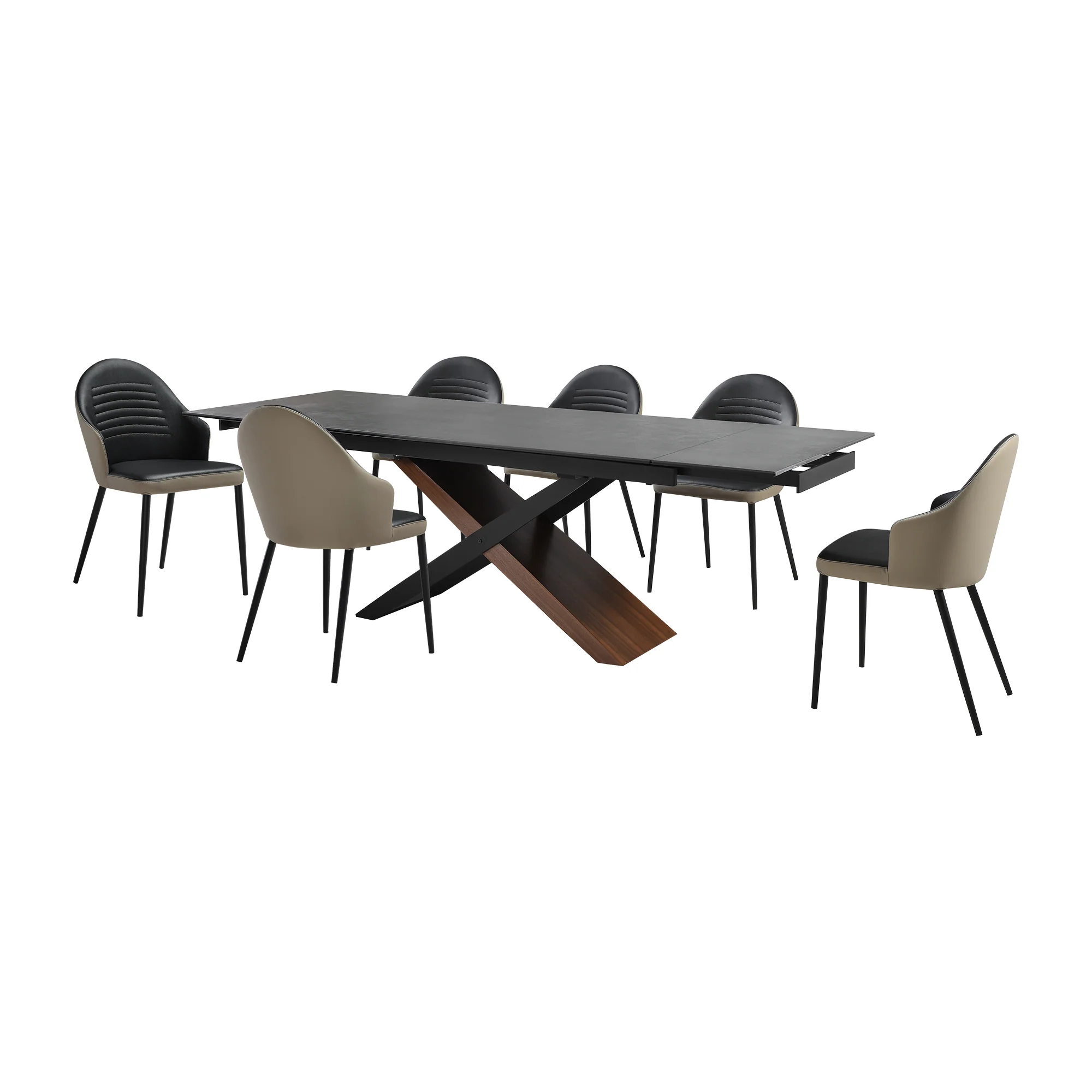 Milena Rocco 7 Piece Extendable Dining Set with Taupe Gray and Black Faux Leather Chairs By Armen Living - Image 2