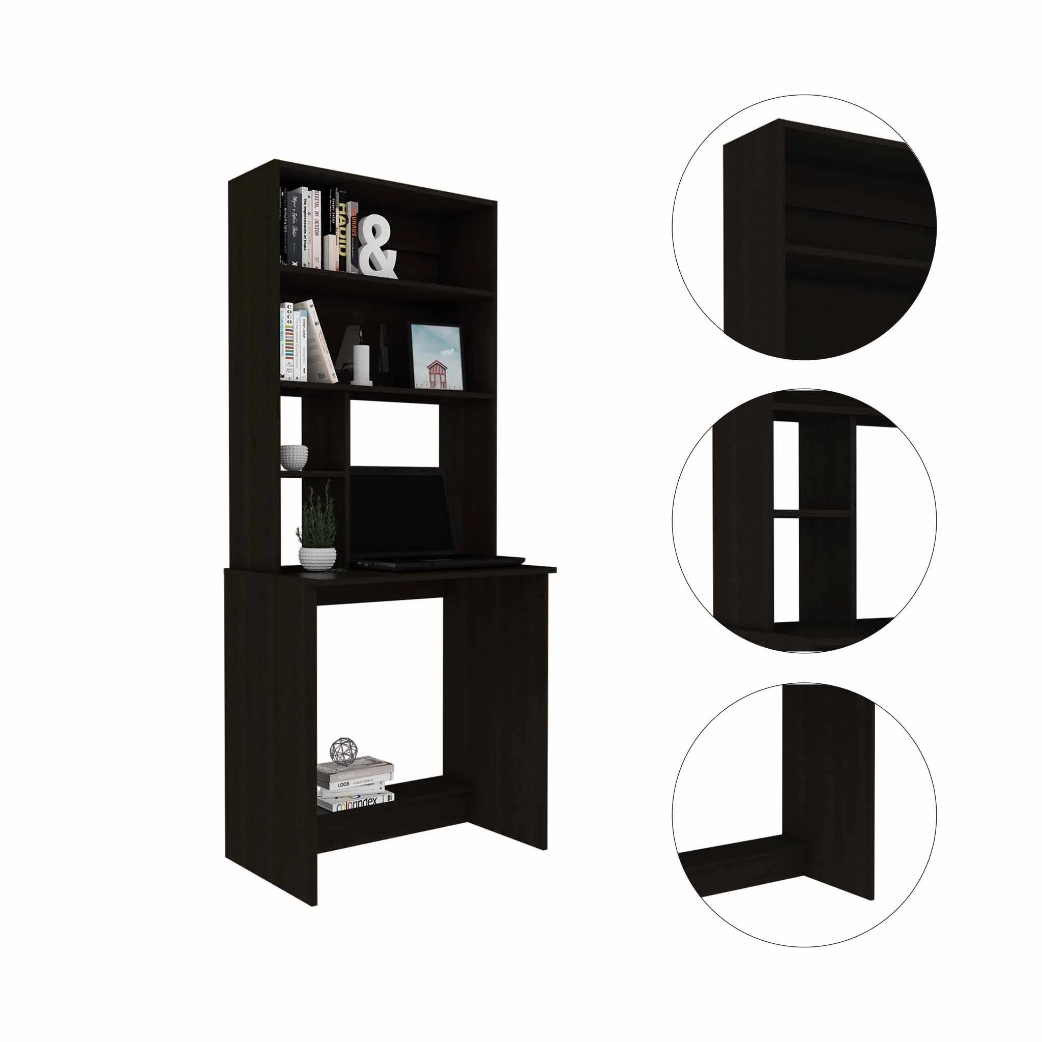 Milo Black Computer Desk with Hutch By Homeroots - Image 3