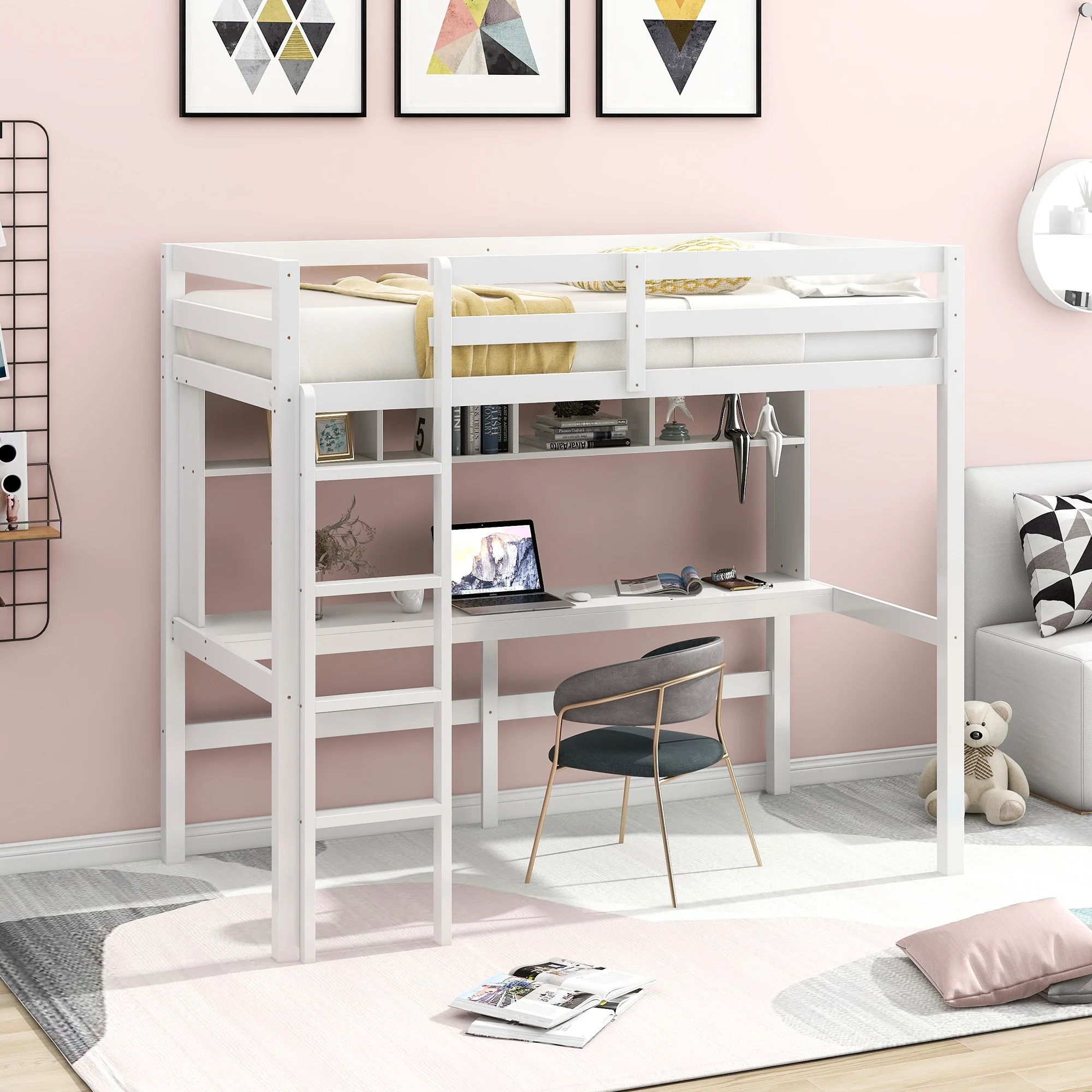 Minimalist Gray Twin Size Loft Bed With Built In Desk And Shelf By Homeroots - Image 10
