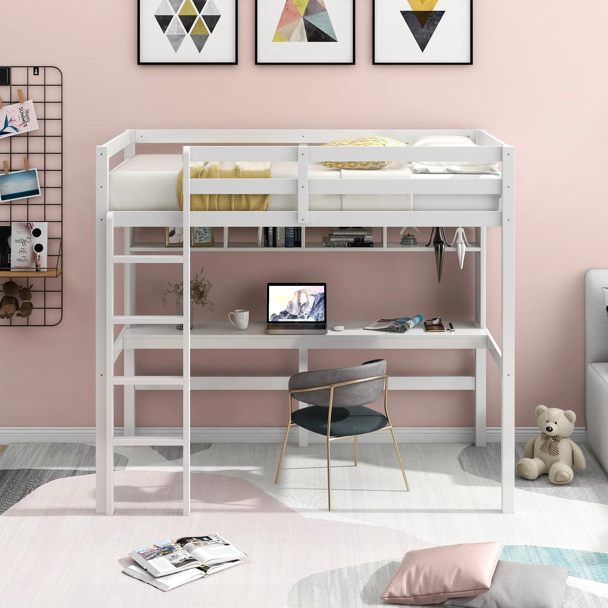 Minimalist Gray Twin Size Loft Bed With Built In Desk And Shelf By Homeroots - Image 11