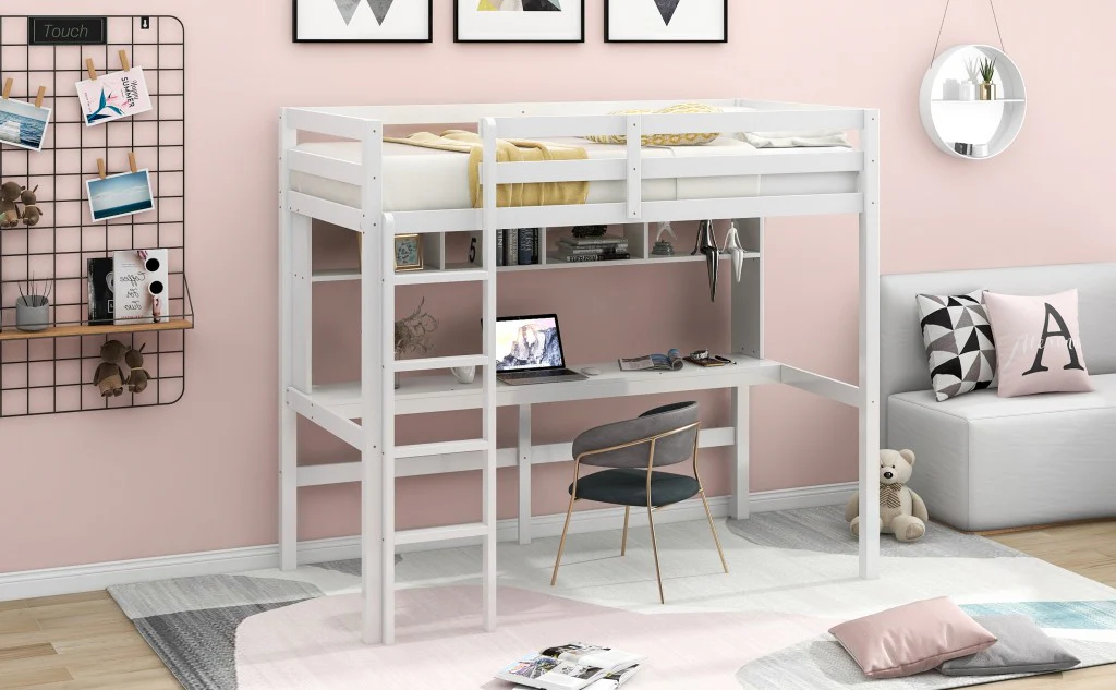 Minimalist Gray Twin Size Loft Bed With Built In Desk And Shelf By Homeroots - Image 12