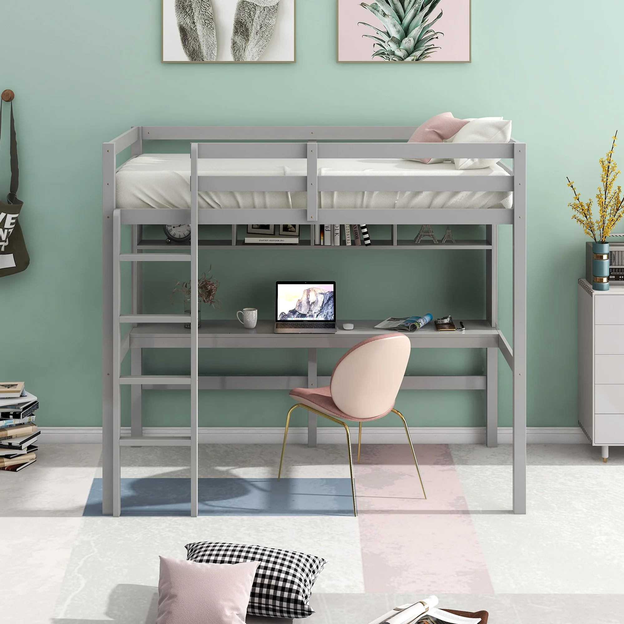 Minimalist Gray Twin Size Loft Bed With Built In Desk And Shelf By Homeroots - Image 2