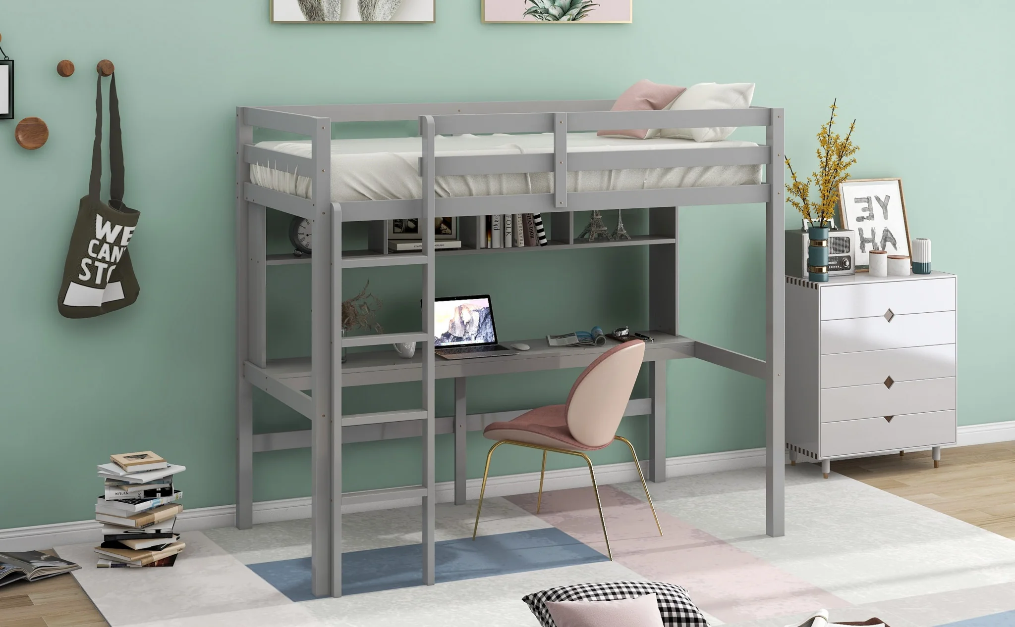 Minimalist Gray Twin Size Loft Bed With Built In Desk And Shelf By Homeroots - Image 3