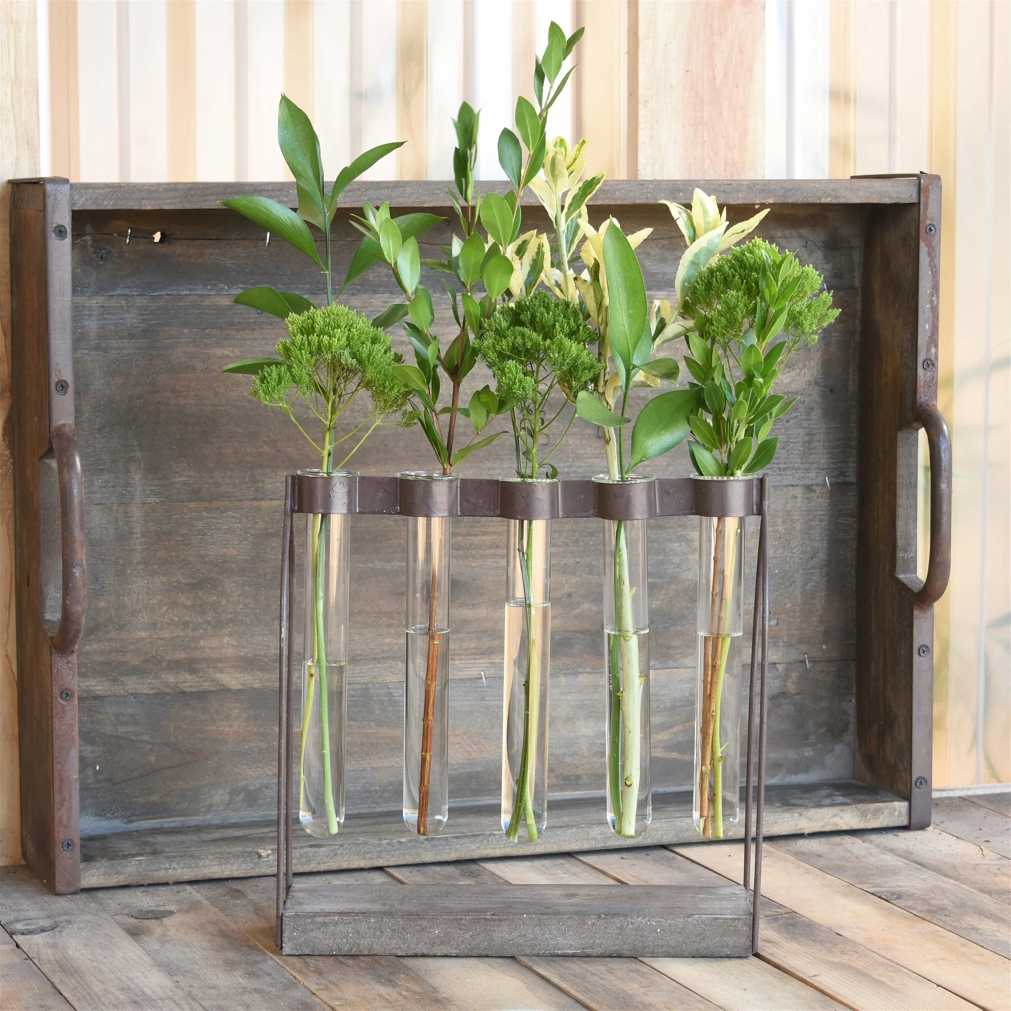 Mirabelle Quintuple Tube Vase, Wood, Iron & Glass By HomArt - Image 5