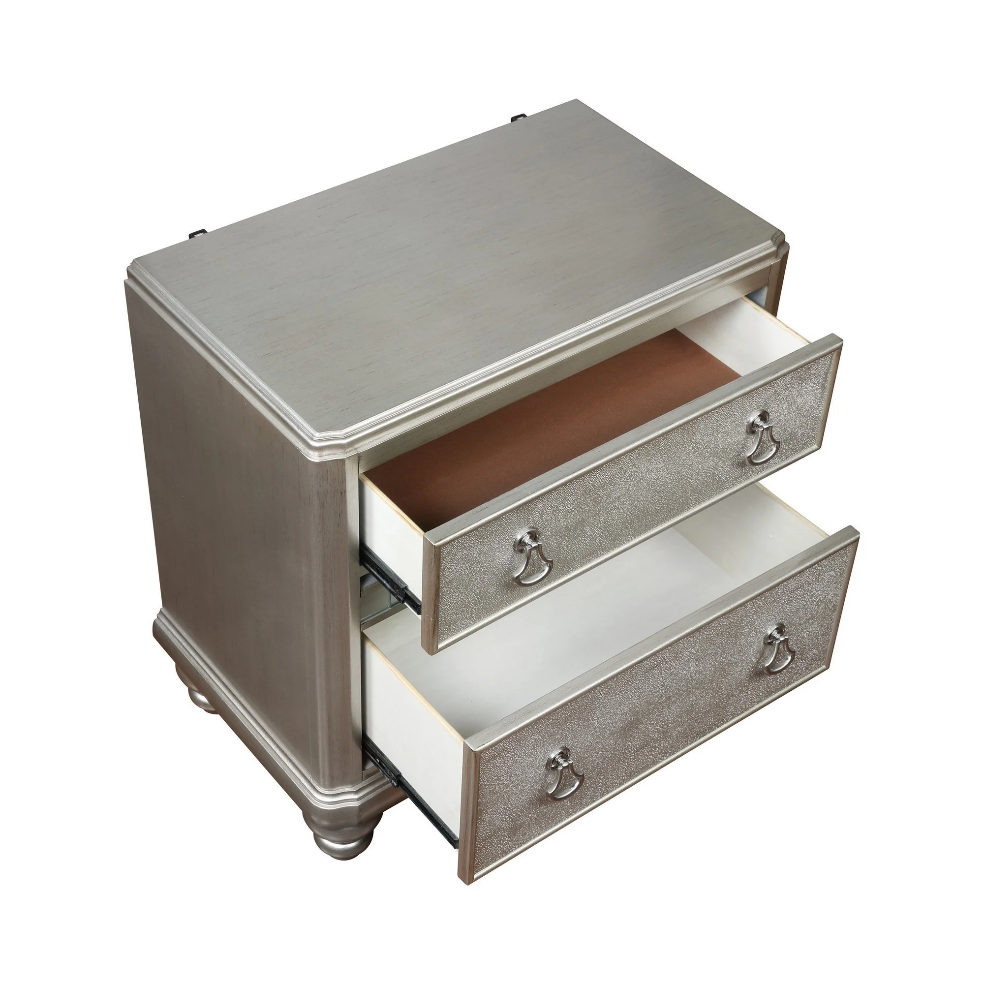 Mirror Trim Accented Nightstand with Two Drawers and Turned Legs, Silver By Benzara - Image 2