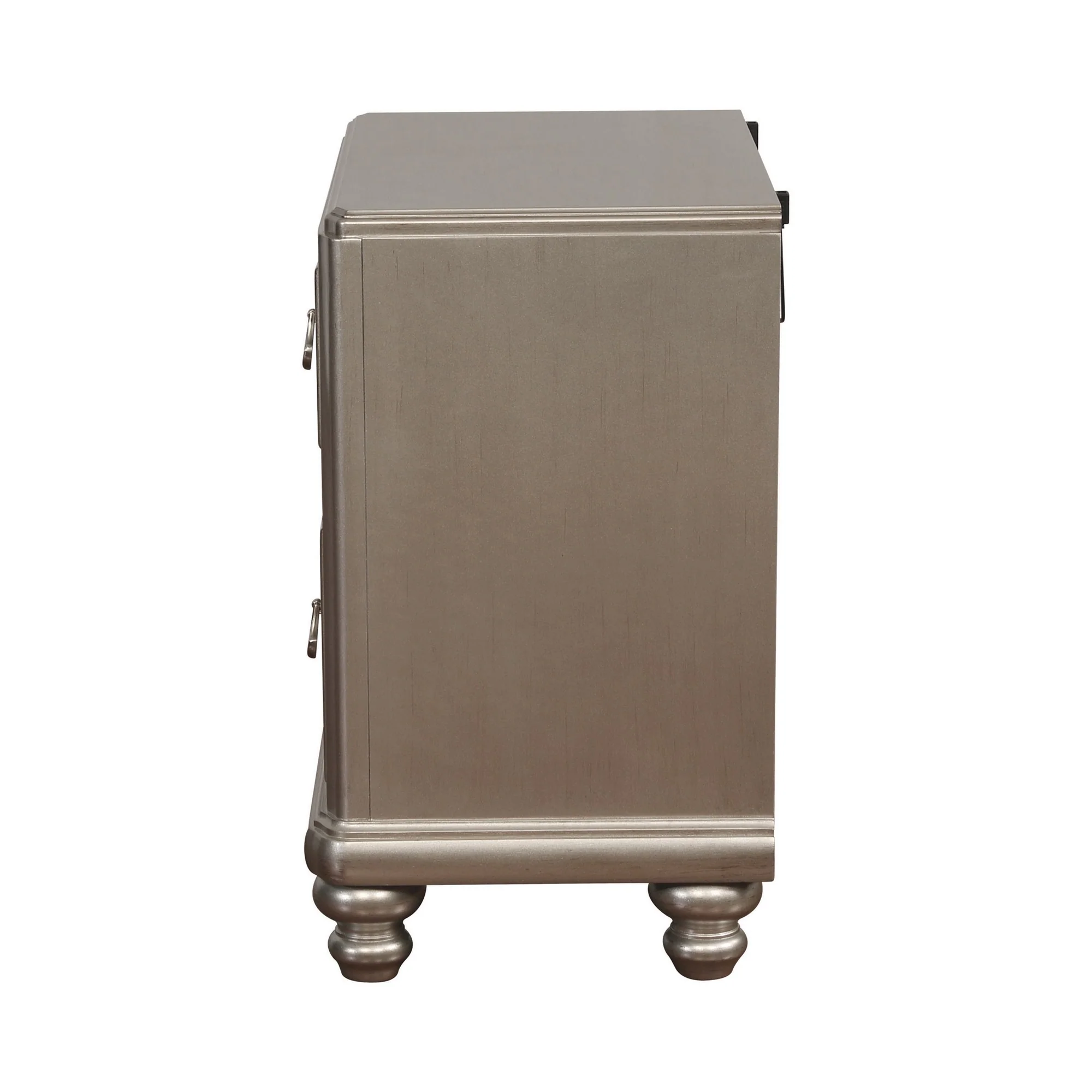 Mirror Trim Accented Nightstand with Two Drawers and Turned Legs, Silver By Benzara - Image 4
