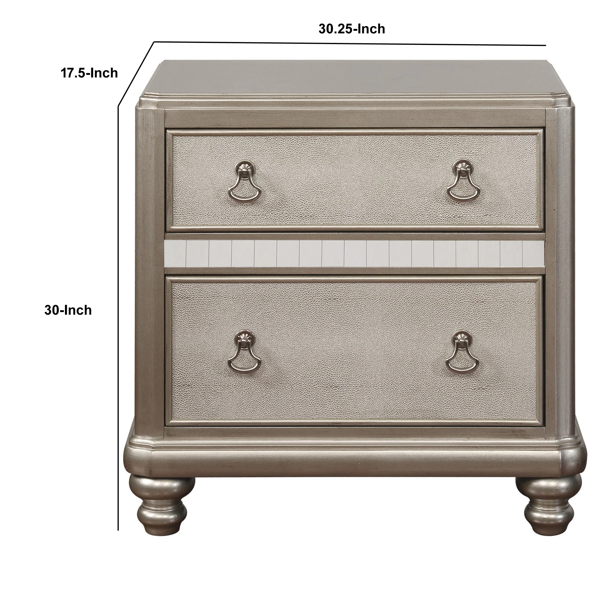 Mirror Trim Accented Nightstand with Two Drawers and Turned Legs, Silver By Benzara - Image 5