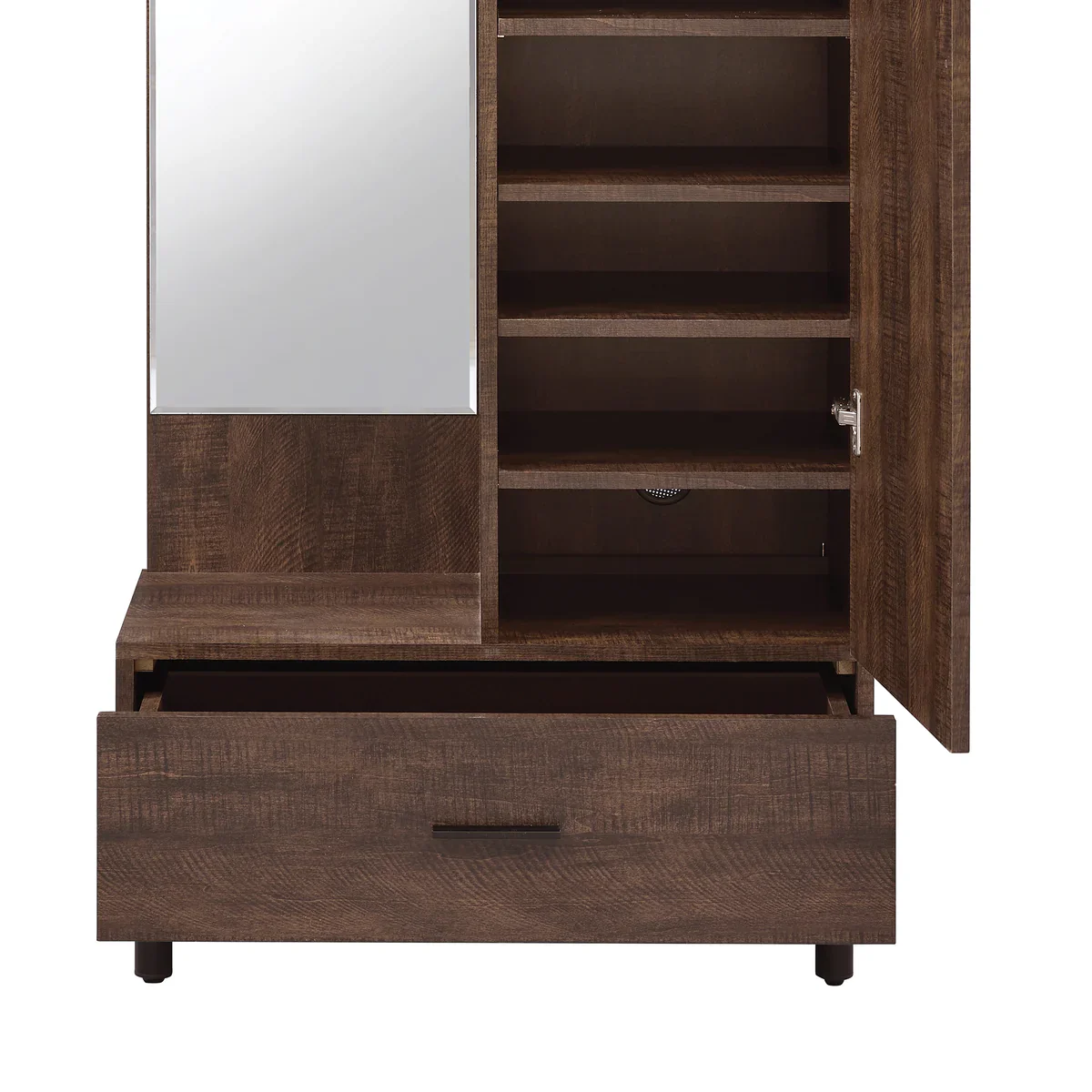 Mirrored Wooden Hall Tree with 1 Door and 1 Drawer, Brown and Silver By Benzara - Image 2