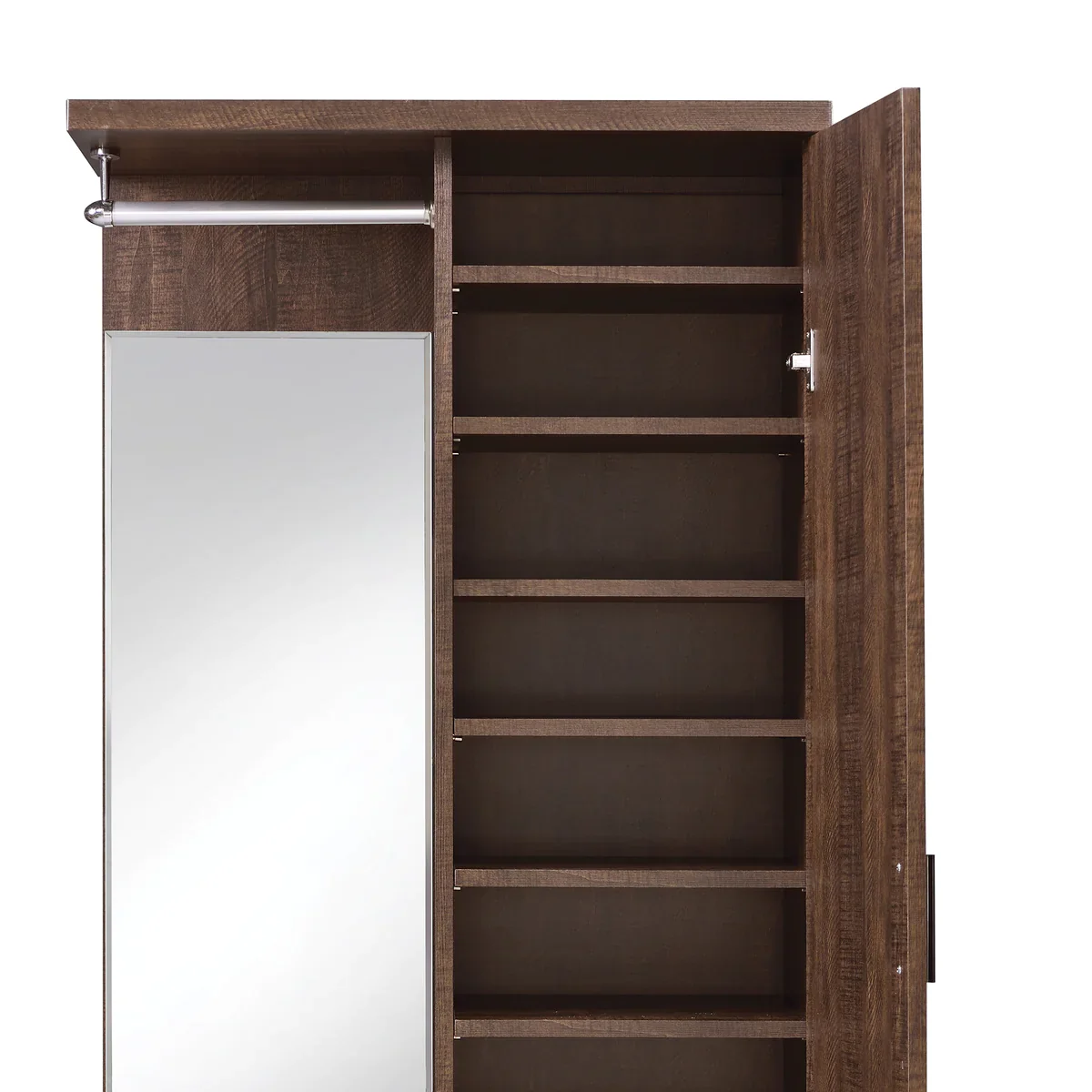 Mirrored Wooden Hall Tree with 1 Door and 1 Drawer, Brown and Silver By Benzara - Image 3