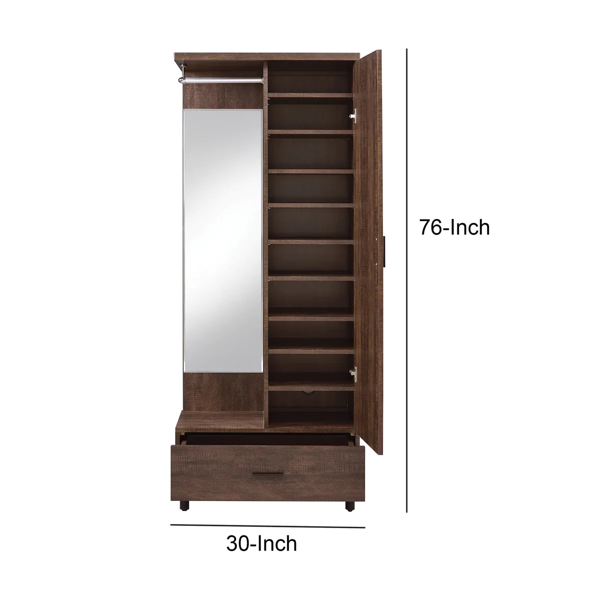 Mirrored Wooden Hall Tree with 1 Door and 1 Drawer, Brown and Silver By Benzara - Image 5