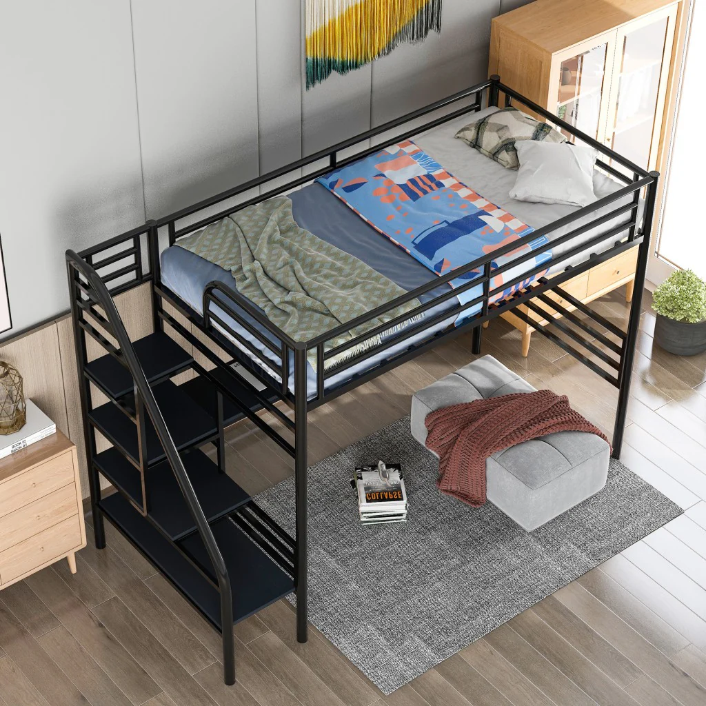 Mod Black Twin Size Metal Loft Bed With Desk And Stairs By Homeroots - Image 2