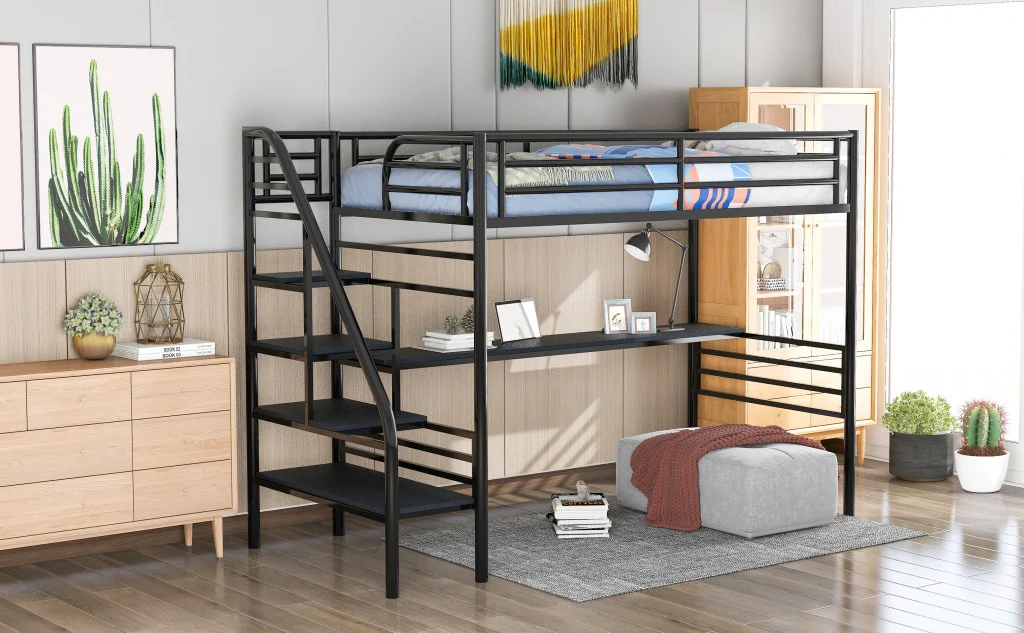 Mod Black Twin Size Metal Loft Bed With Desk And Stairs By Homeroots - Image 3