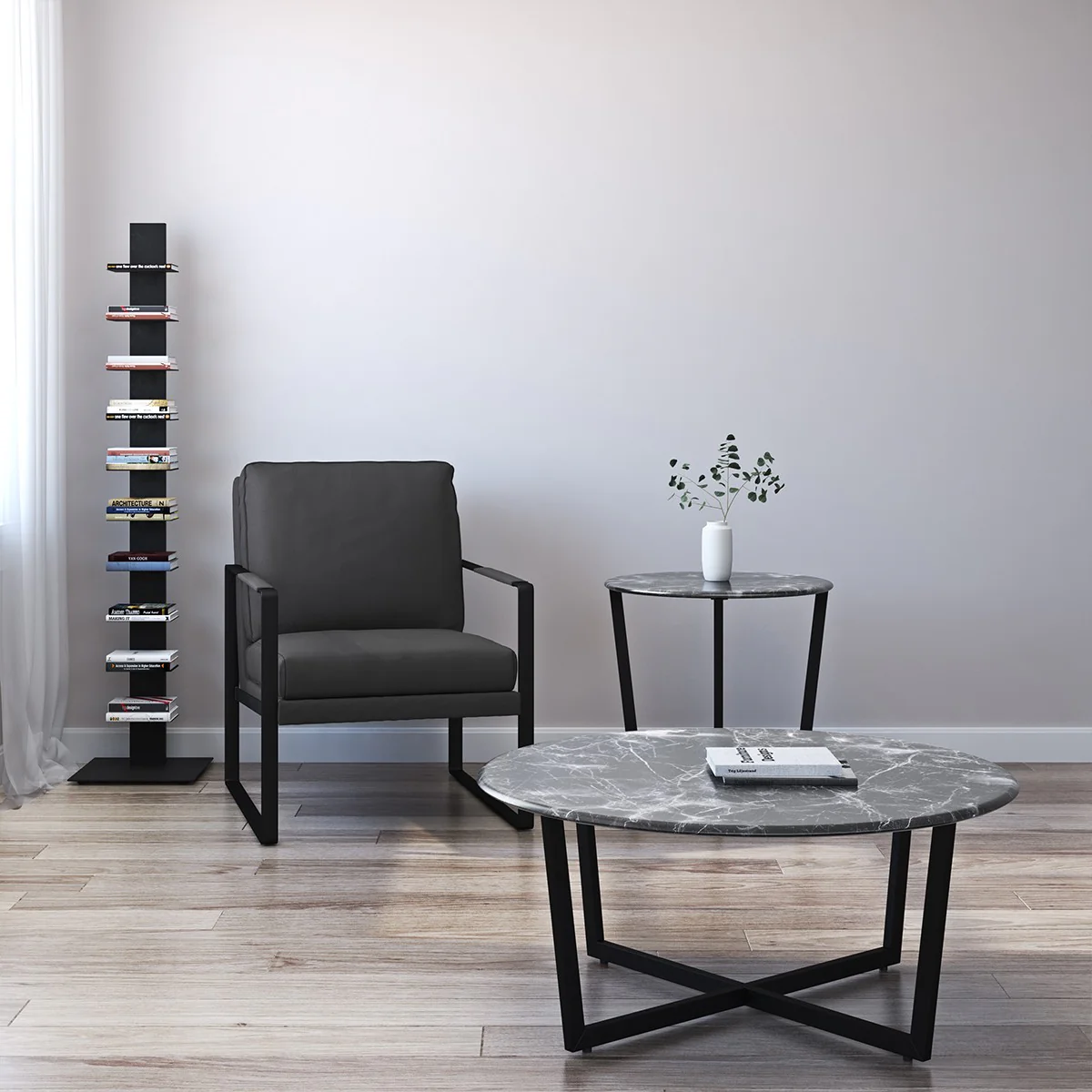 Mod Geo Black and Black Round Faux Marble Side Table By Homeroots - Image 5
