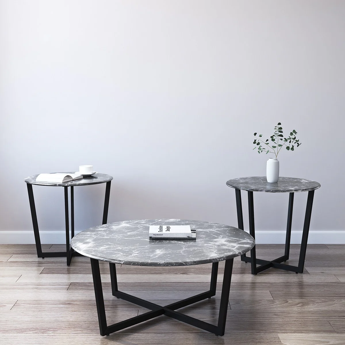 Mod Geo Black and Black Round Faux Marble Side Table By Homeroots - Image 6