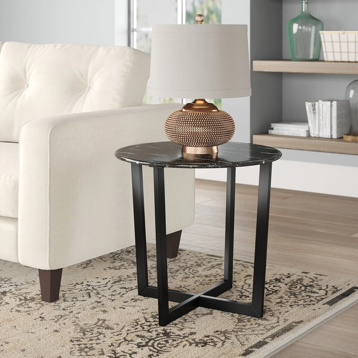 Mod Geo Black and Black Round Faux Marble Side Table By Homeroots - Image 7