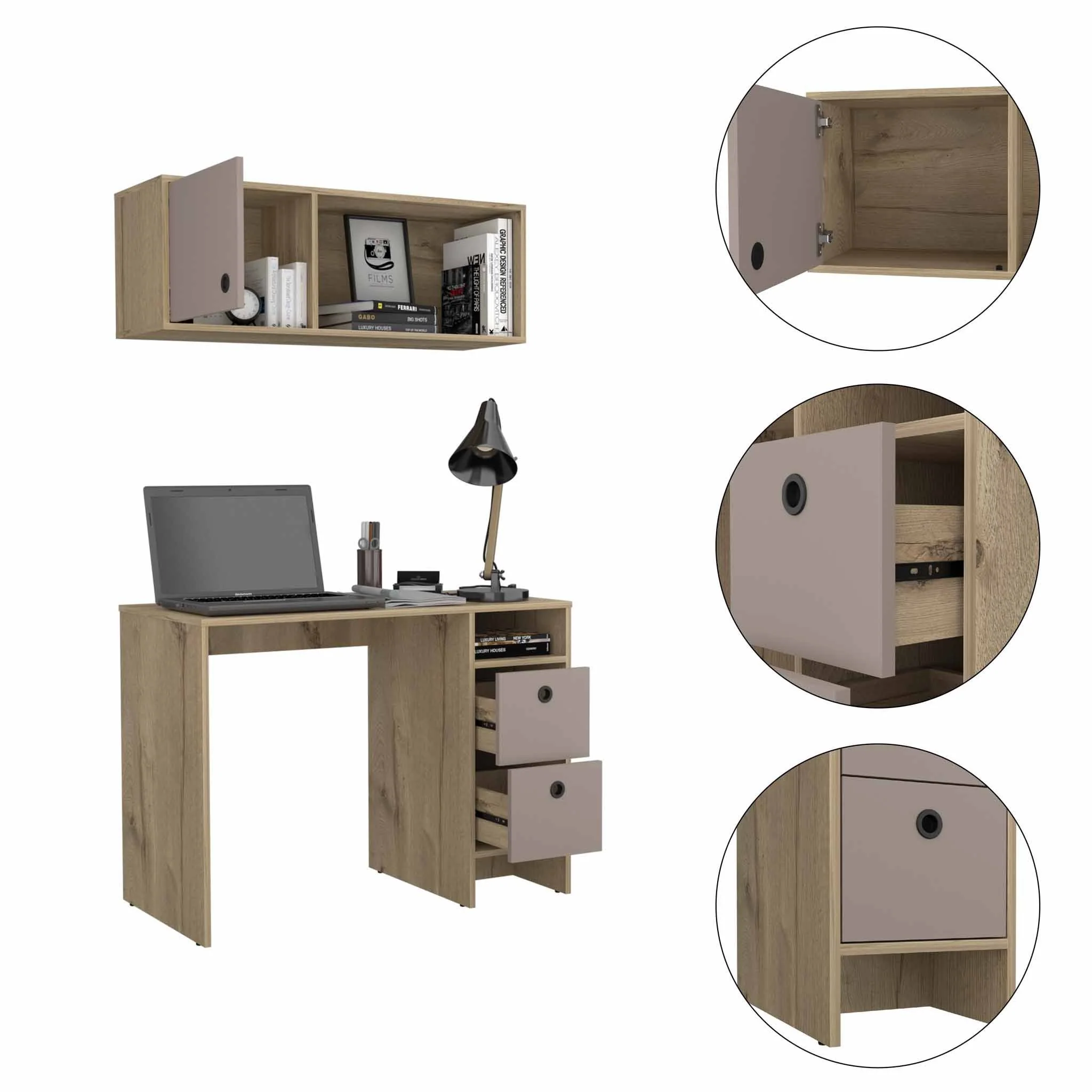 Mod Taupe and Natural Two Piece Desk and Shelve Set By Homeroots - Image 4