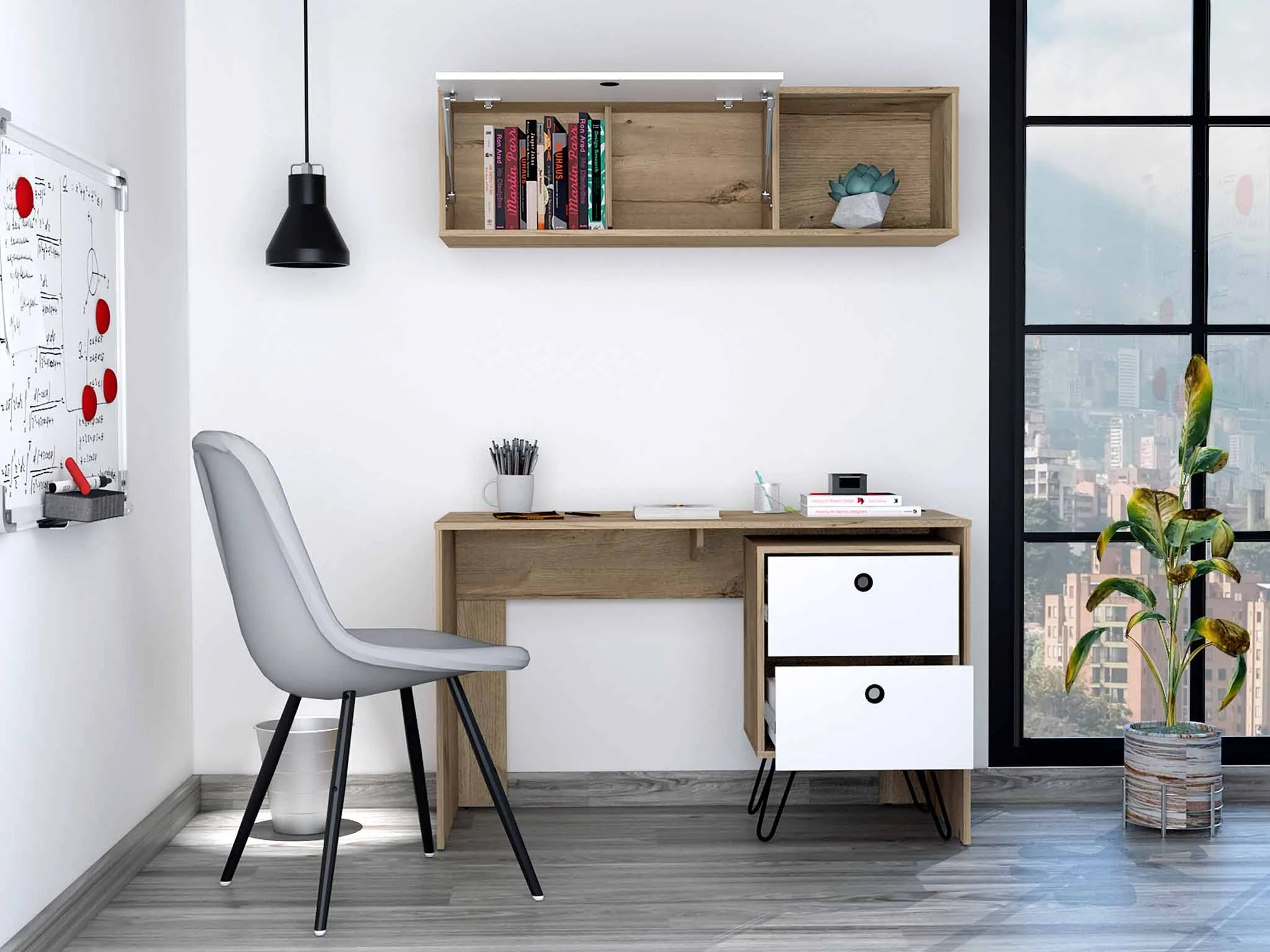 Mod White and Natural Two Piece Desk and Shelve Set By Homeroots - Image 3