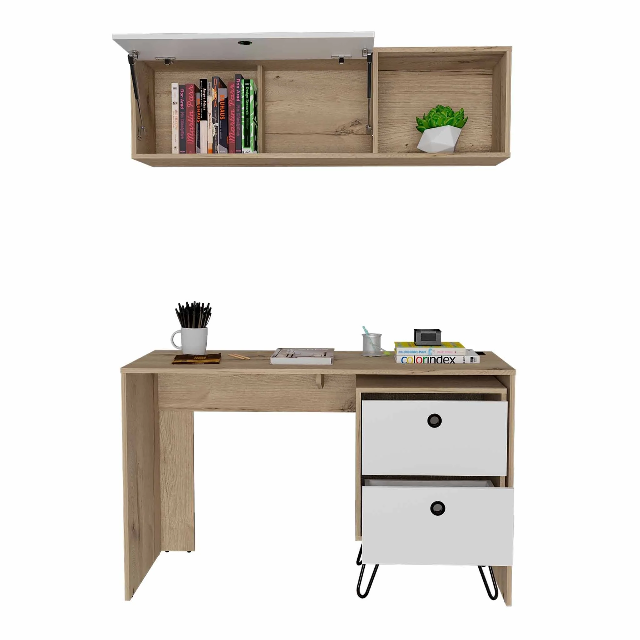 Mod White and Natural Two Piece Desk and Shelve Set By Homeroots - Image 5