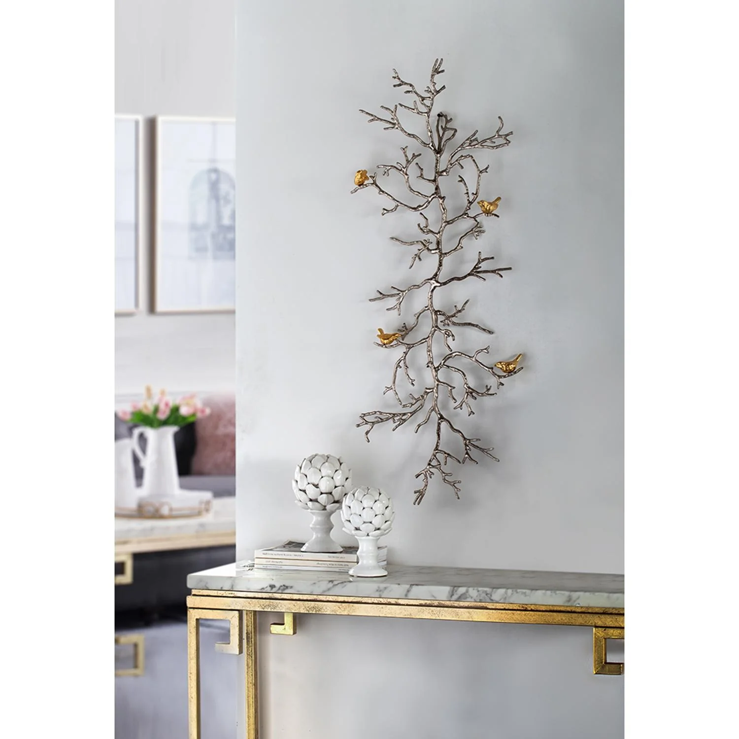 Modern 44" Silver Branch and Golden Birds Wall Art By Homeroots - Image 5