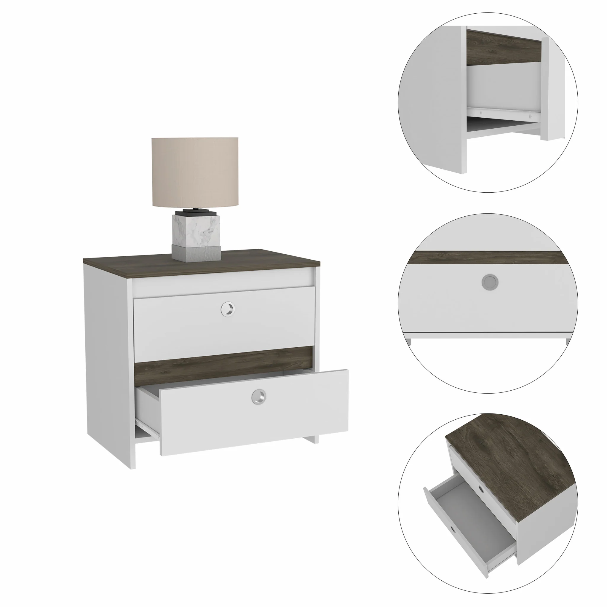 Modern and Minimalist White and Dark Brown Board Nightstand By Homeroots - Image 3