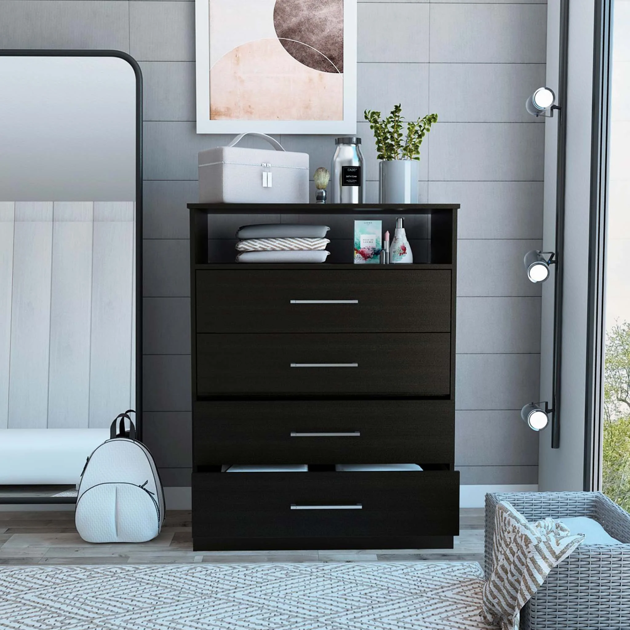Modern Black Four Drawer Dresser With Hutch By Homeroots - Image 4