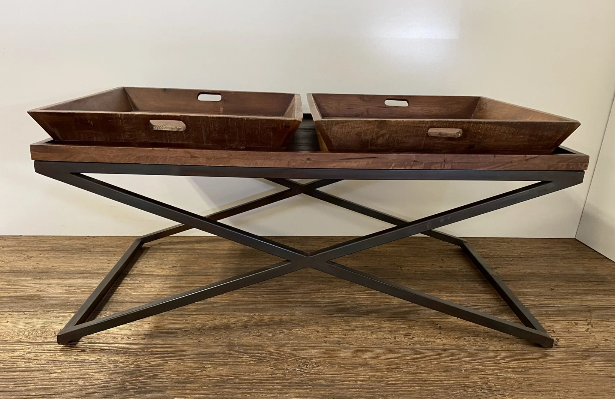 Modern Black Iron X Leg Wood Tray Coffee Table By Homeroots - Image 2