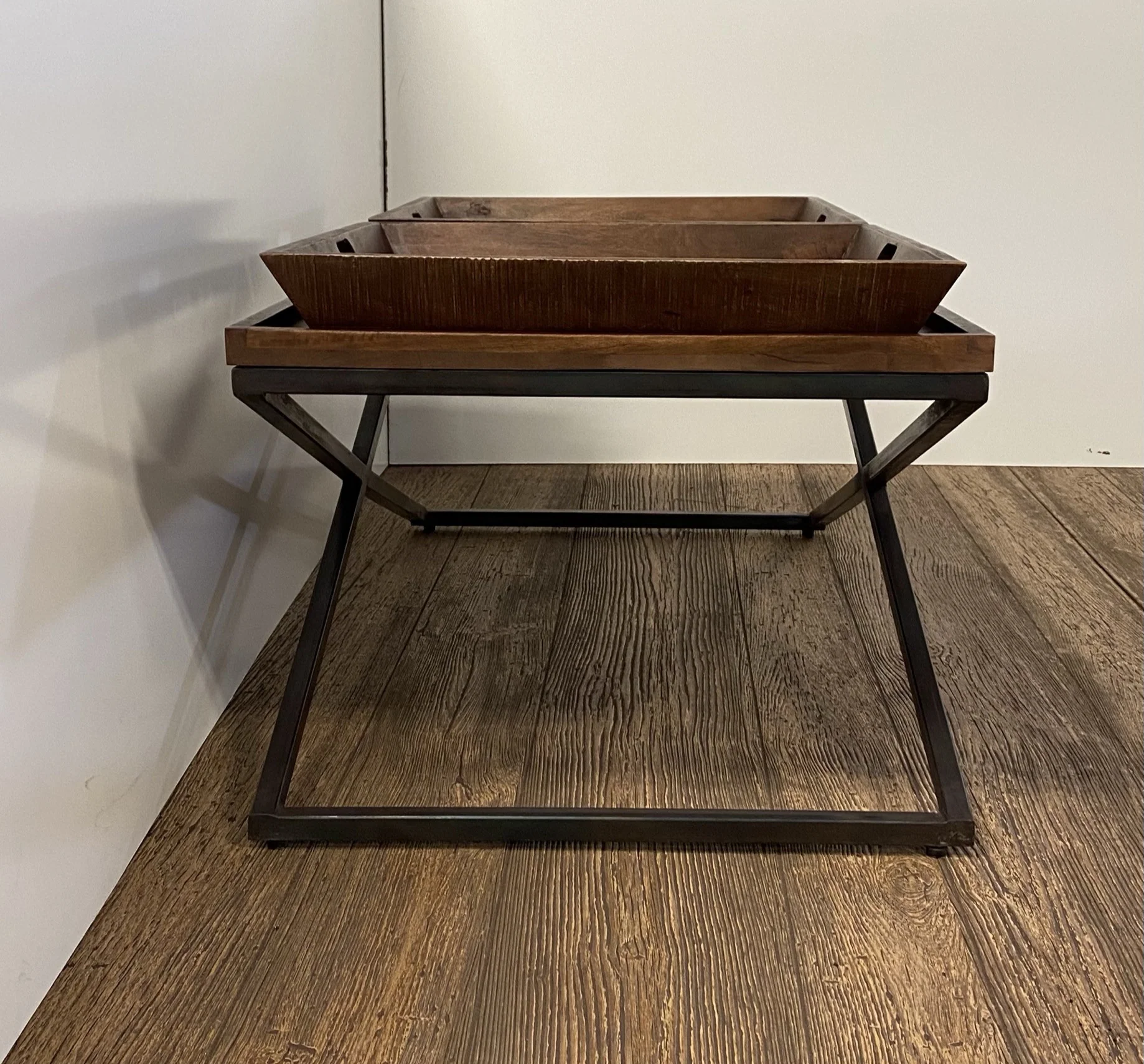 Modern Black Iron X Leg Wood Tray Coffee Table By Homeroots - Image 3