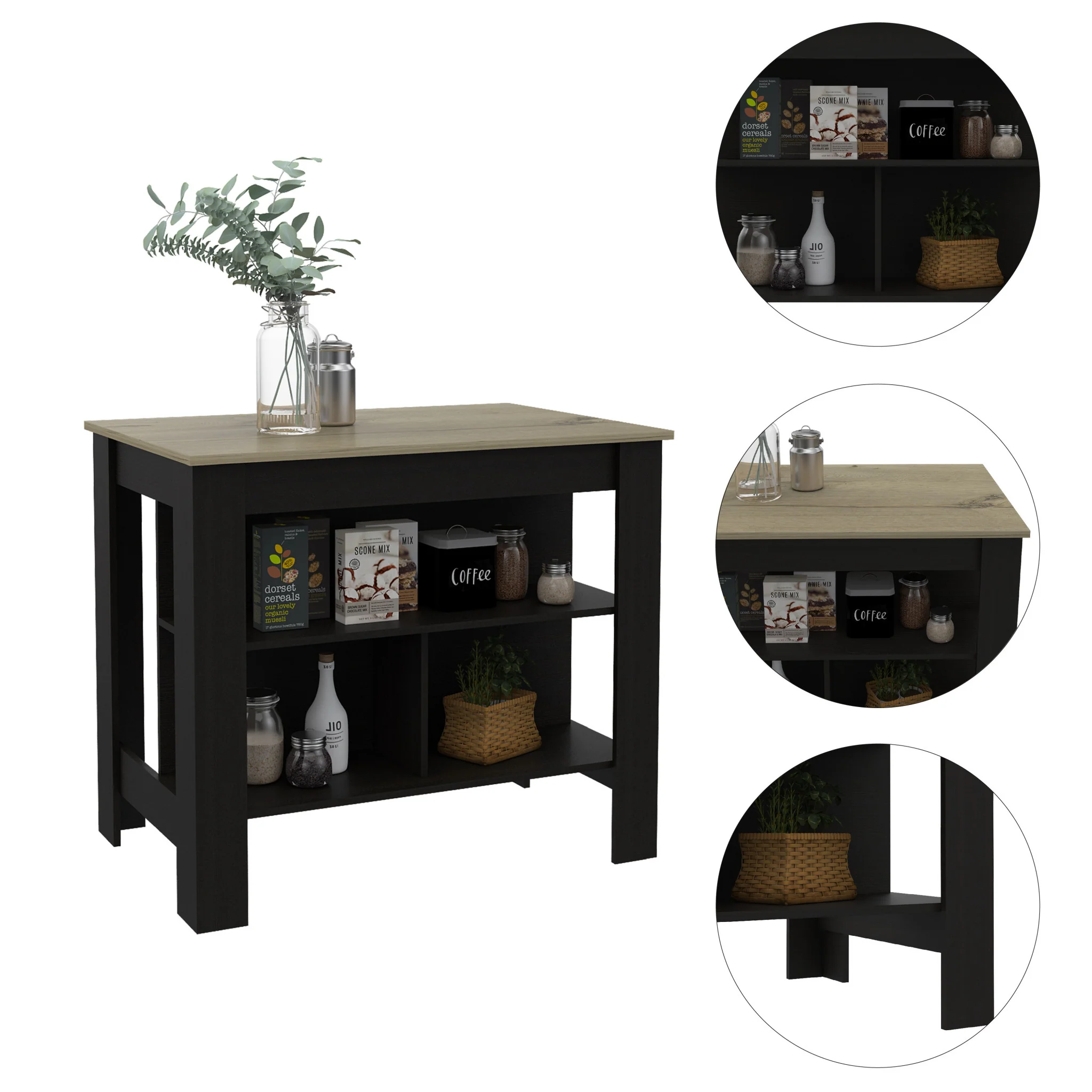 Modern Black Wengue and Light Oak Kitchen Island By Homeroots - Image 3