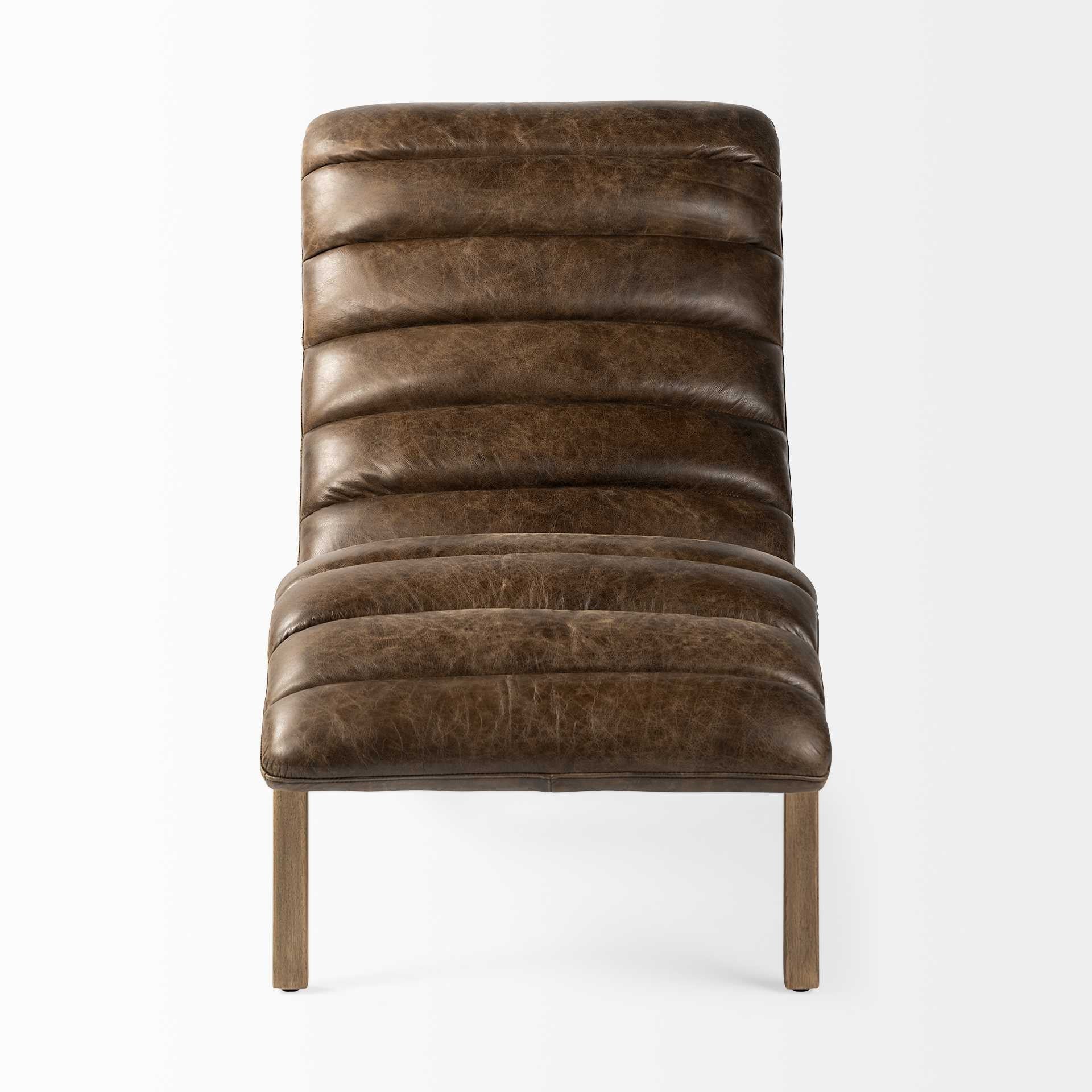 Modern Brown Genuine Leather Chaise Lounge Chair With Solid Wood Frame And Base By Homeroots - Image 2