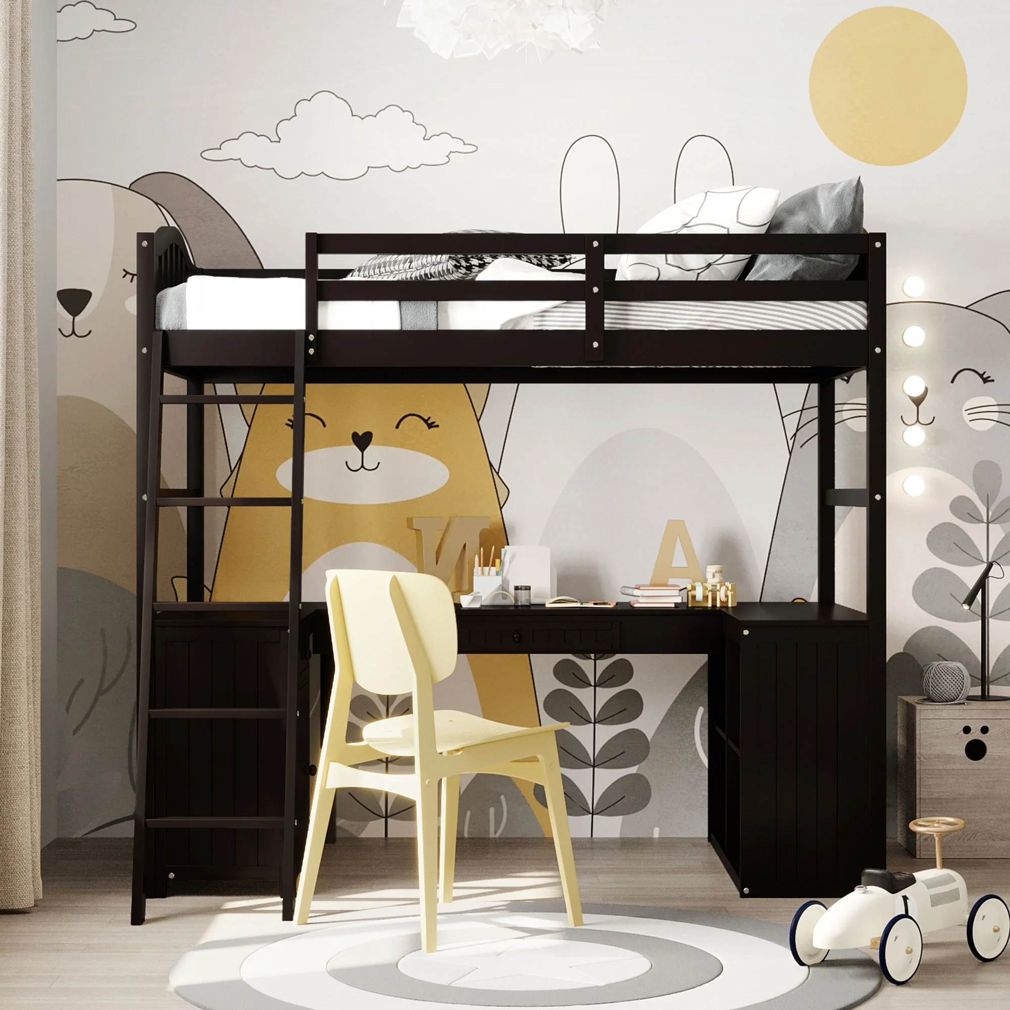 Modern Classic Dark Brown Twin Loft Bed With Book Shelf Desk And Cabinet By Homeroots - Image 2