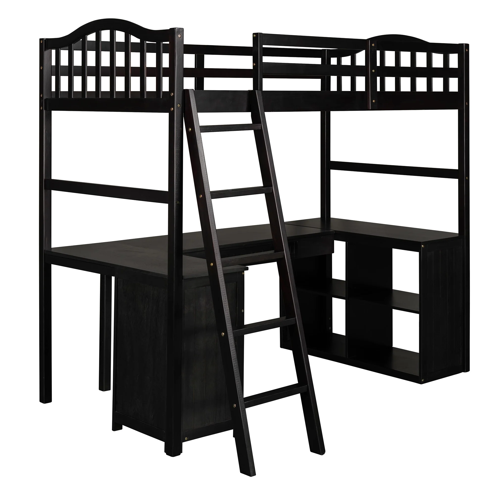 Modern Classic Dark Brown Twin Loft Bed With Book Shelf Desk And Cabinet By Homeroots - Image 5