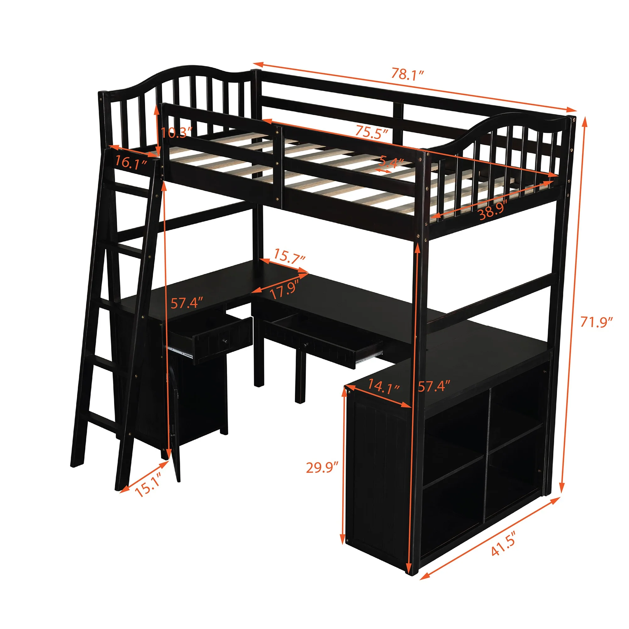 Modern Classic Dark Brown Twin Loft Bed With Book Shelf Desk And Cabinet By Homeroots - Image 7