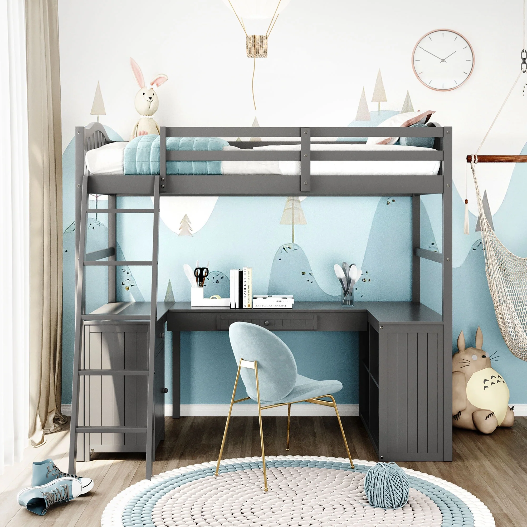 Modern Classic Gray Twin Loft Bed With Book Shelf Desk And Cabinet By Homeroots - Image 2