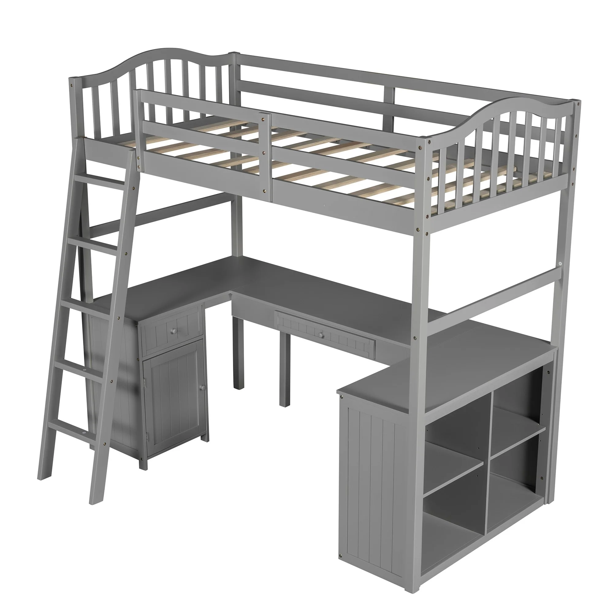 Modern Classic Gray Twin Loft Bed With Book Shelf Desk And Cabinet By Homeroots - Image 5