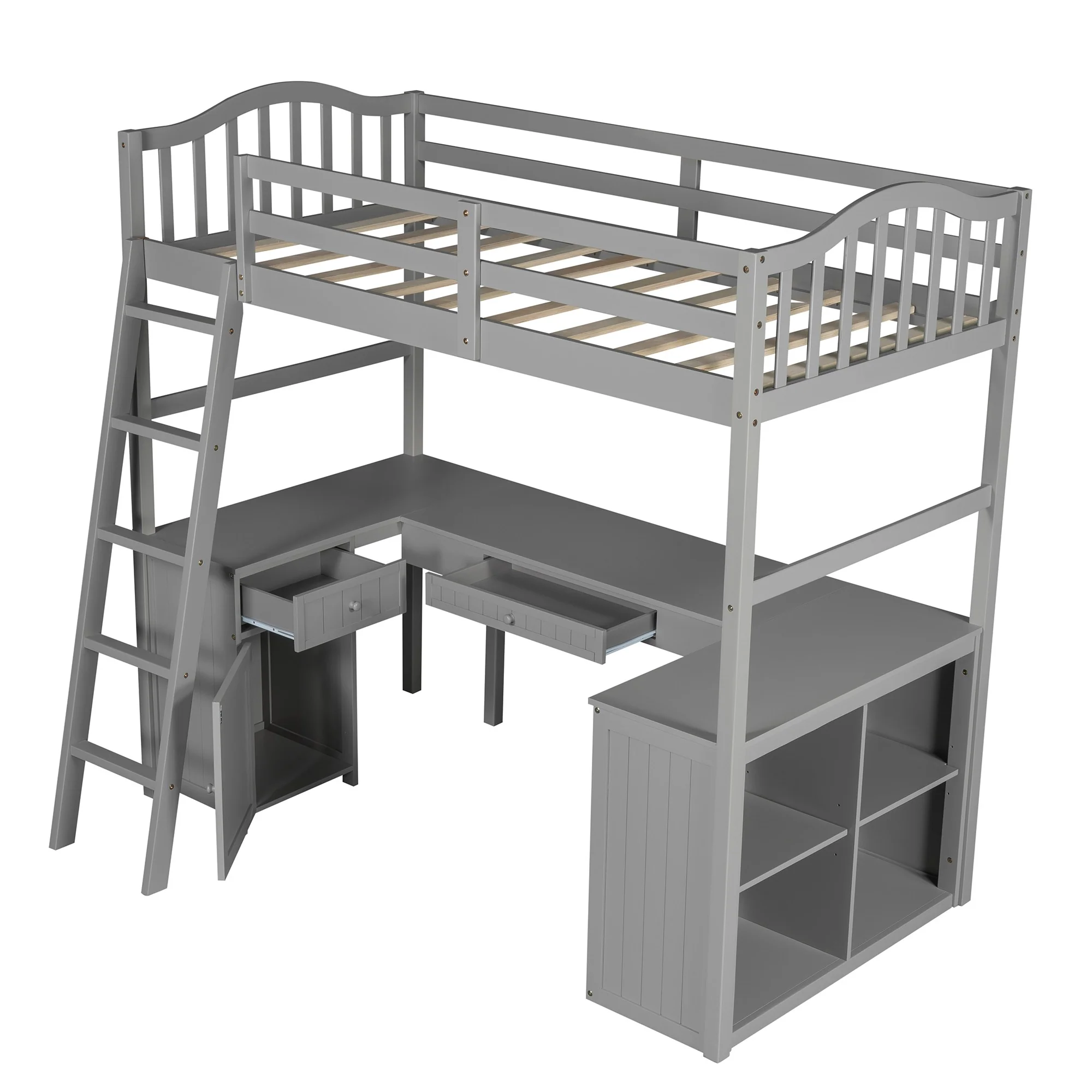 Modern Classic Gray Twin Loft Bed With Book Shelf Desk And Cabinet By Homeroots - Image 6