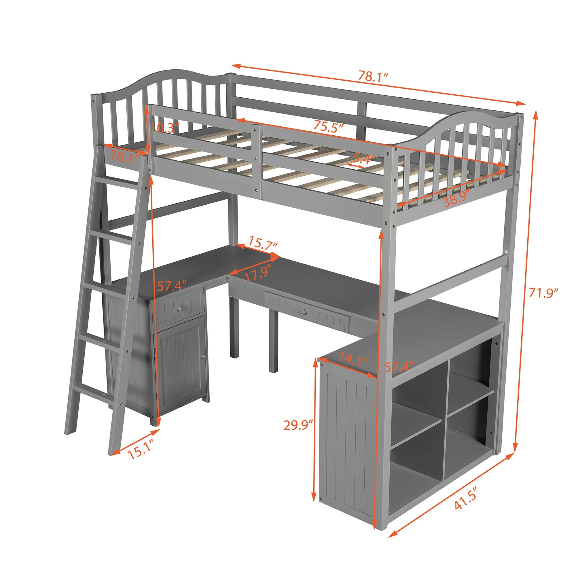 Modern Classic Gray Twin Loft Bed With Book Shelf Desk And Cabinet By Homeroots - Image 7