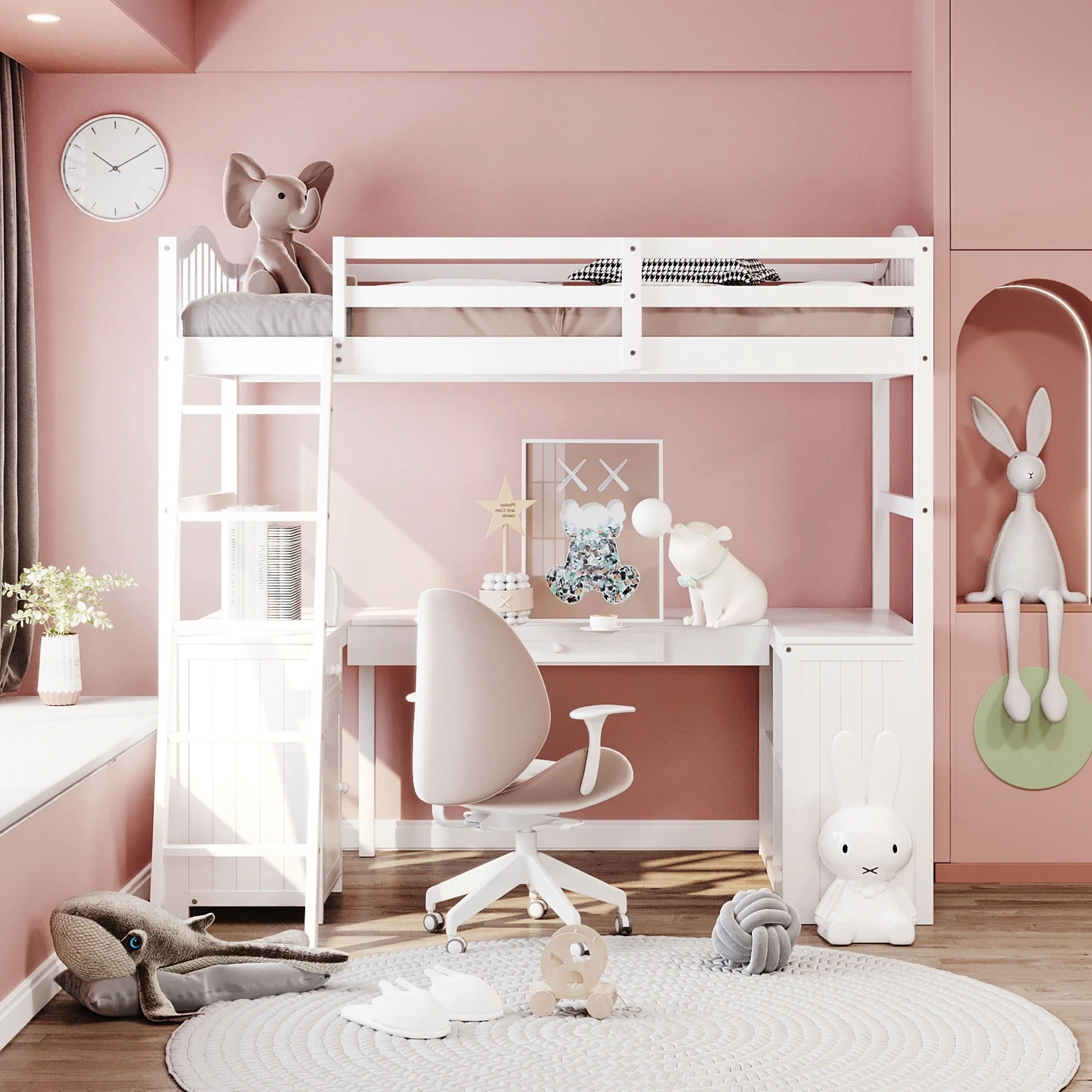 Modern Classic White Twin Loft Bed With Book Shelf Desk And Cabinet By Homeroots - Image 2